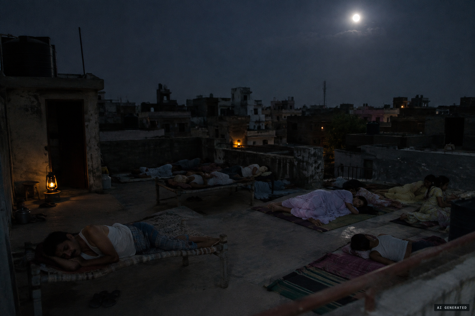Delhi families sleeping on rooftops through the heat wave and power cuts of spring 2001