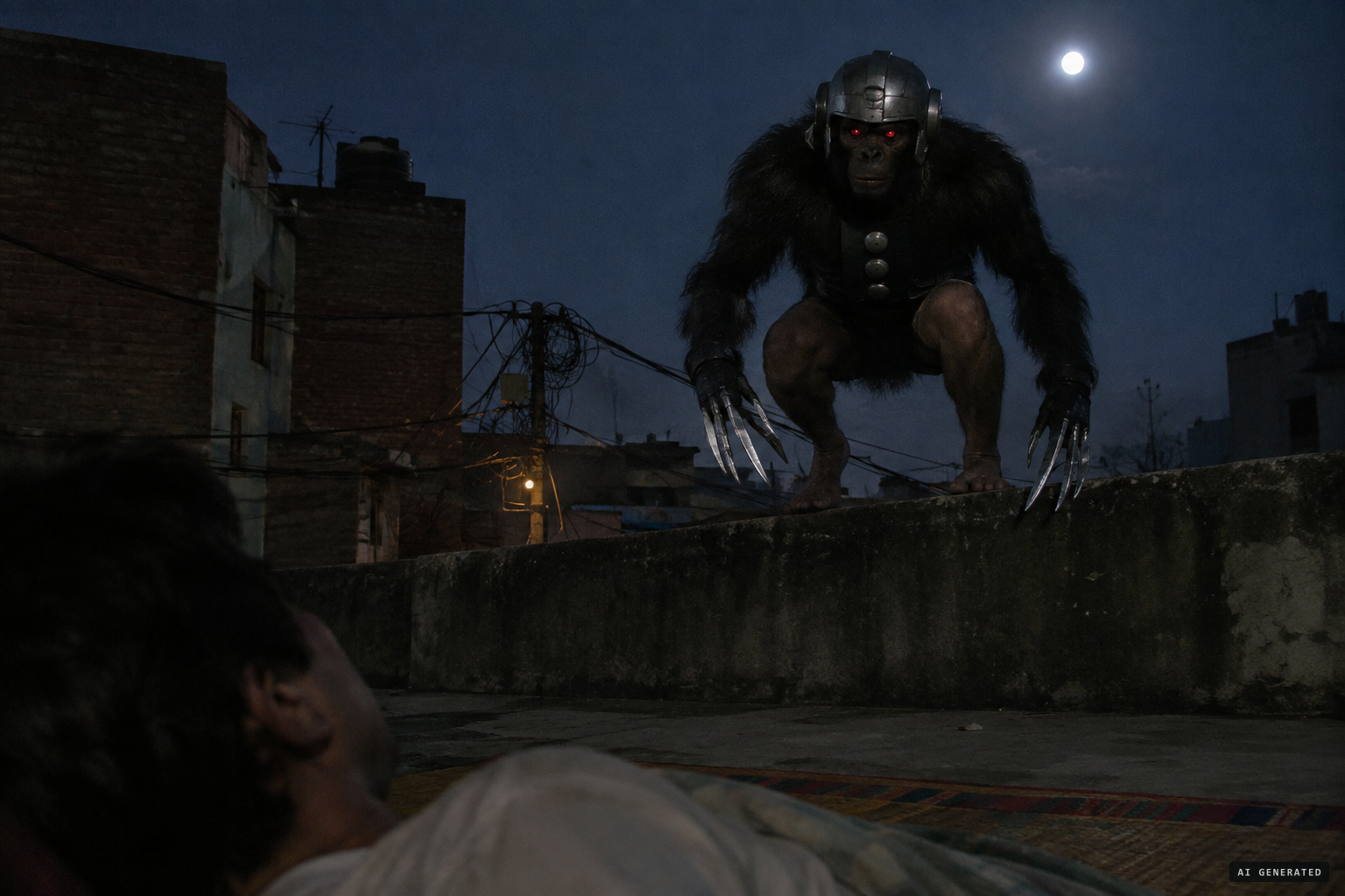 The creature as witnesses described it: black hair, glowing red eyes, a helmet and metal claws