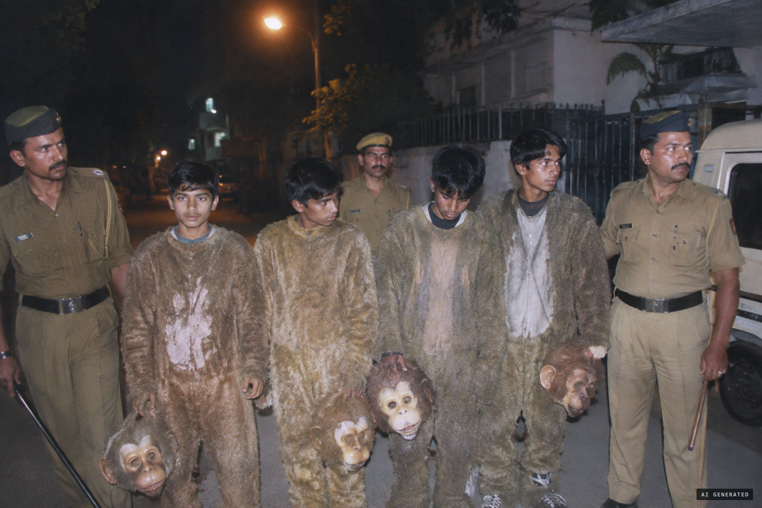 Four teenagers in monkey costumes are caught in Nizamuddin East in mid-2002