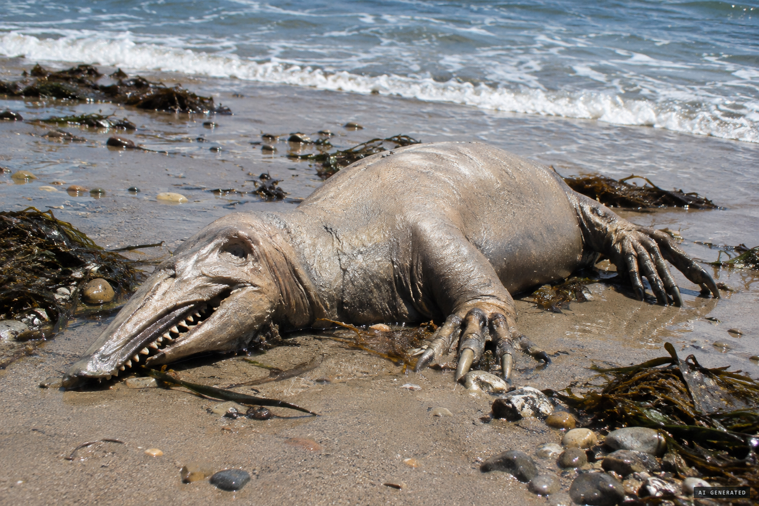 The carcass: bloated, hairless, with a beak-like snout, sharp teeth and claw-like digits.