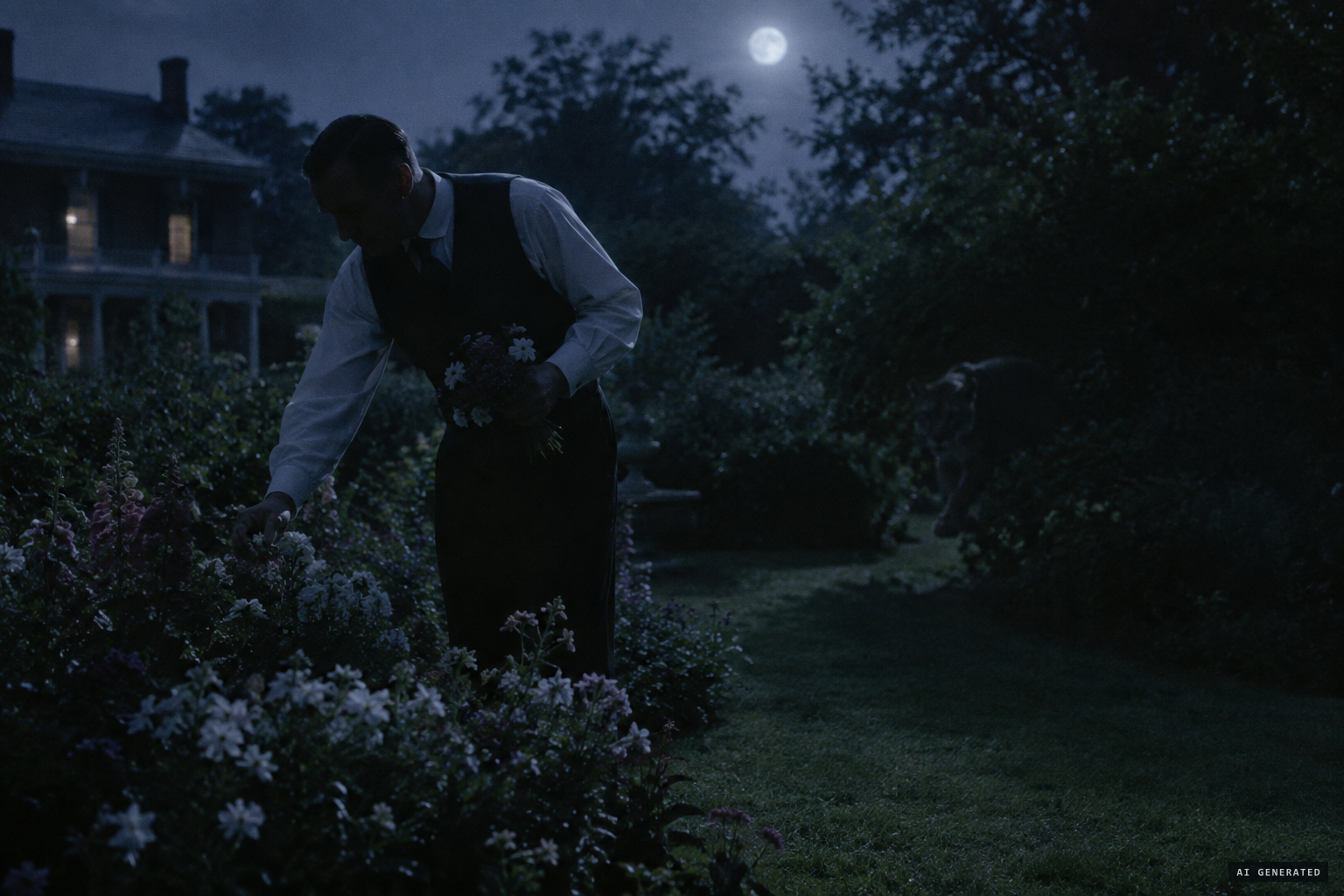 Night: the butler gathering flowers as something emerges from the shrubbery