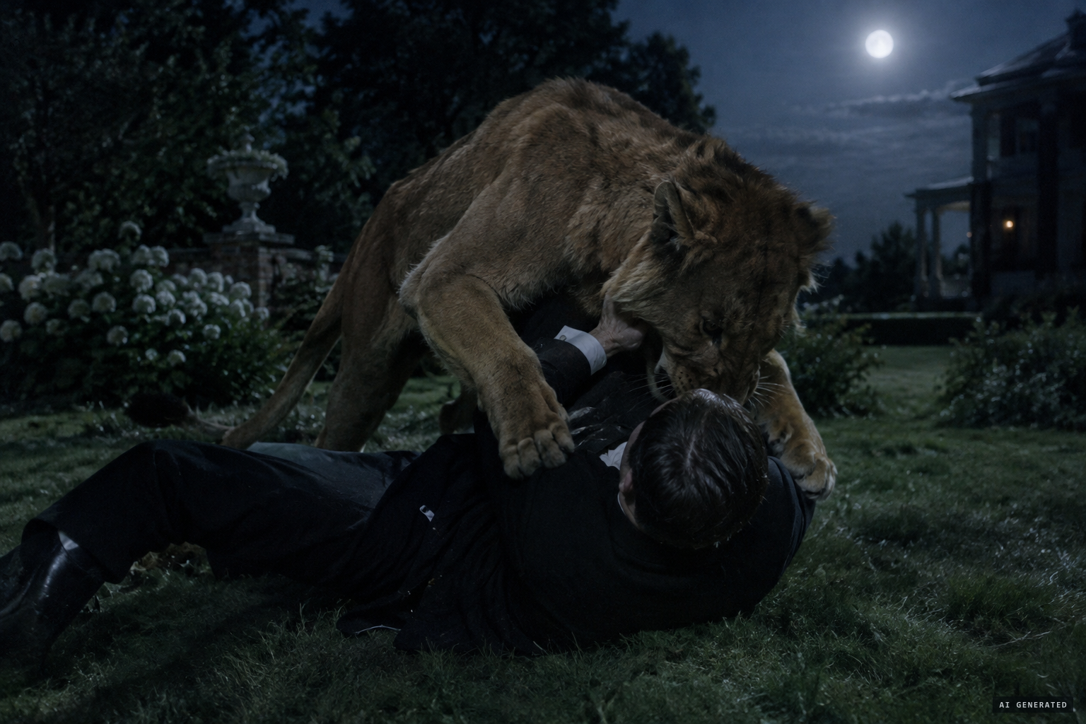The 'African lion' pounces and grapples with butler Thomas Gullett