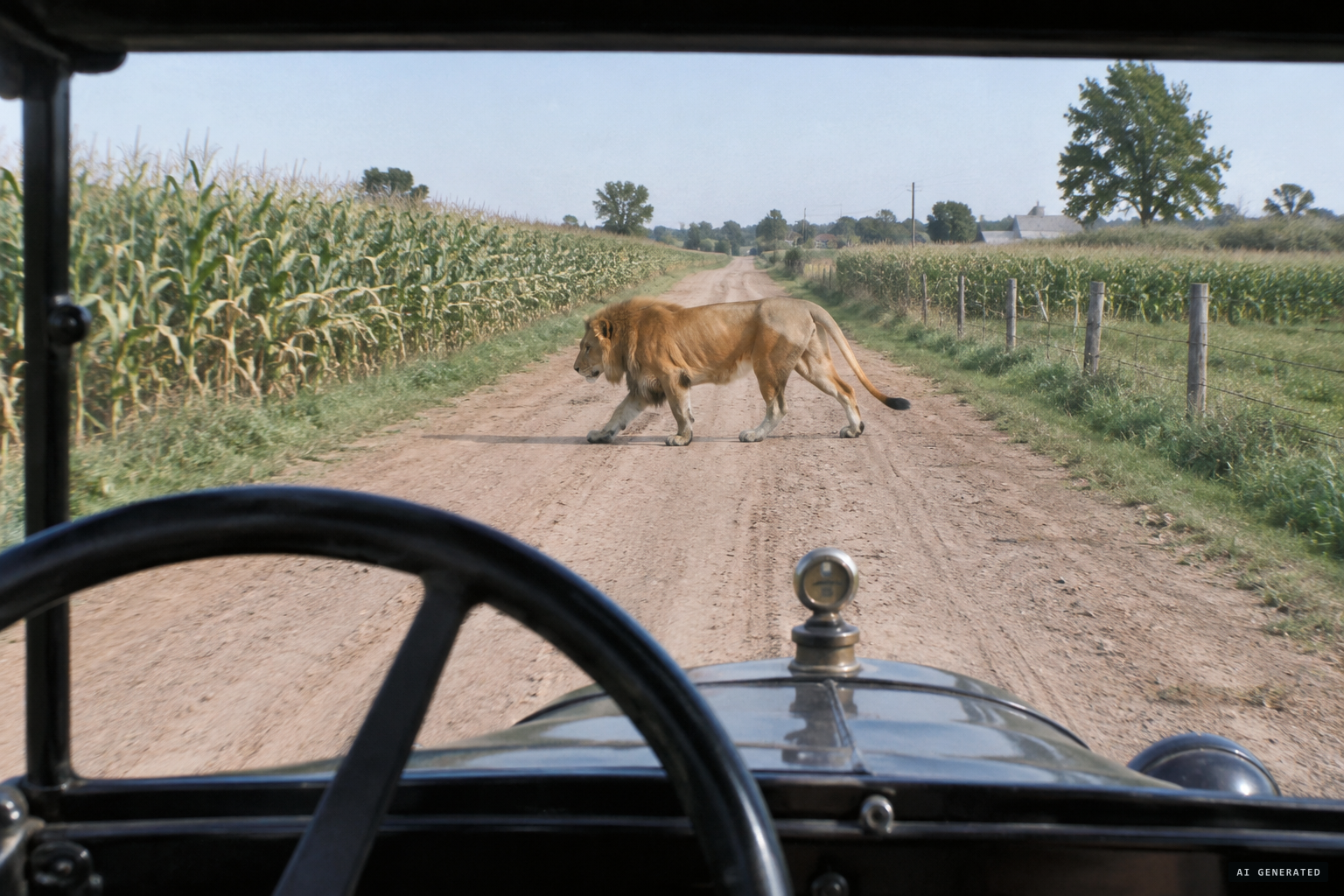 The lion crosses in front of Paul Baer's Ford