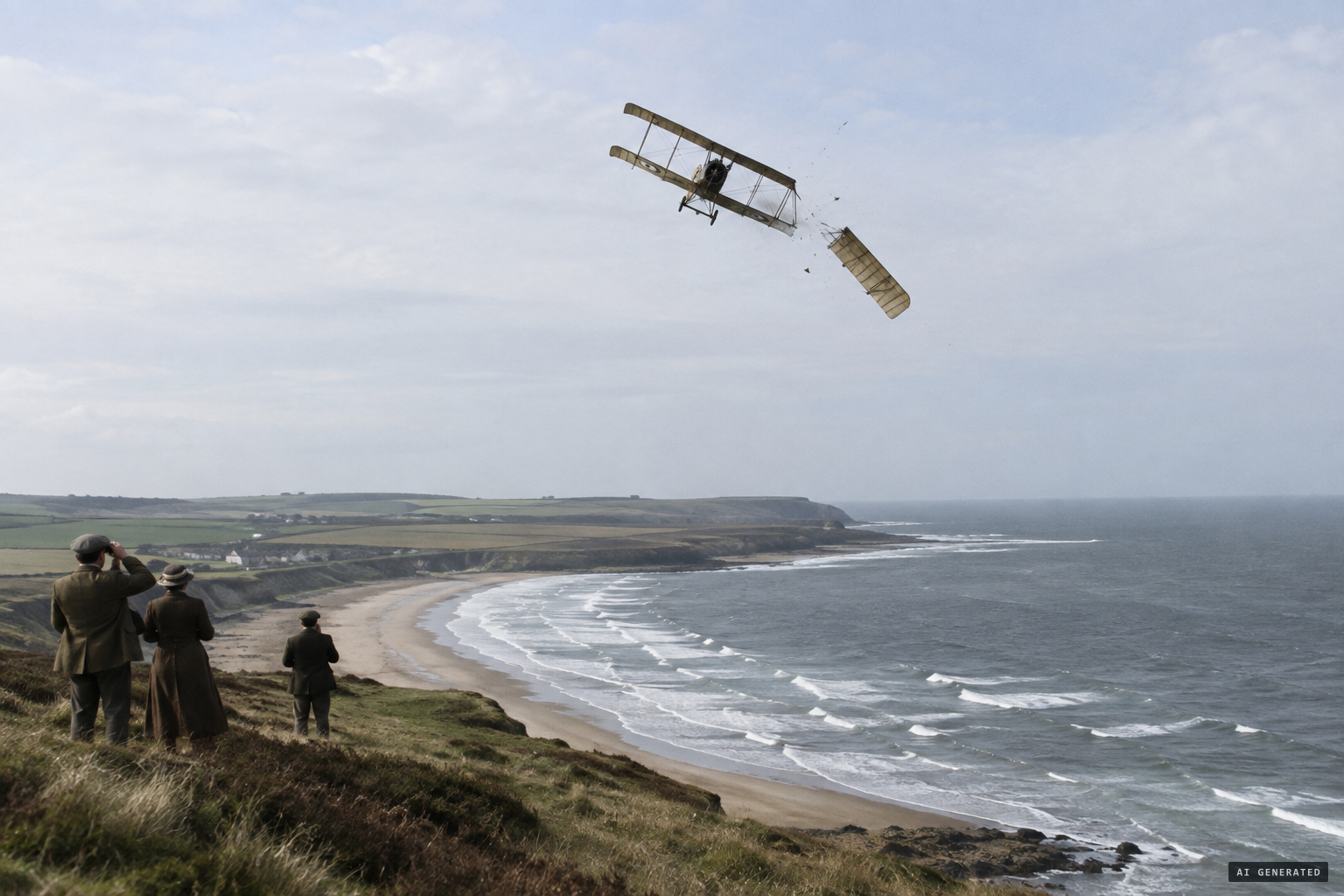 Lt. Desmond Arthur's B.E.2 No. 205 loses a wing over Lunan Bay