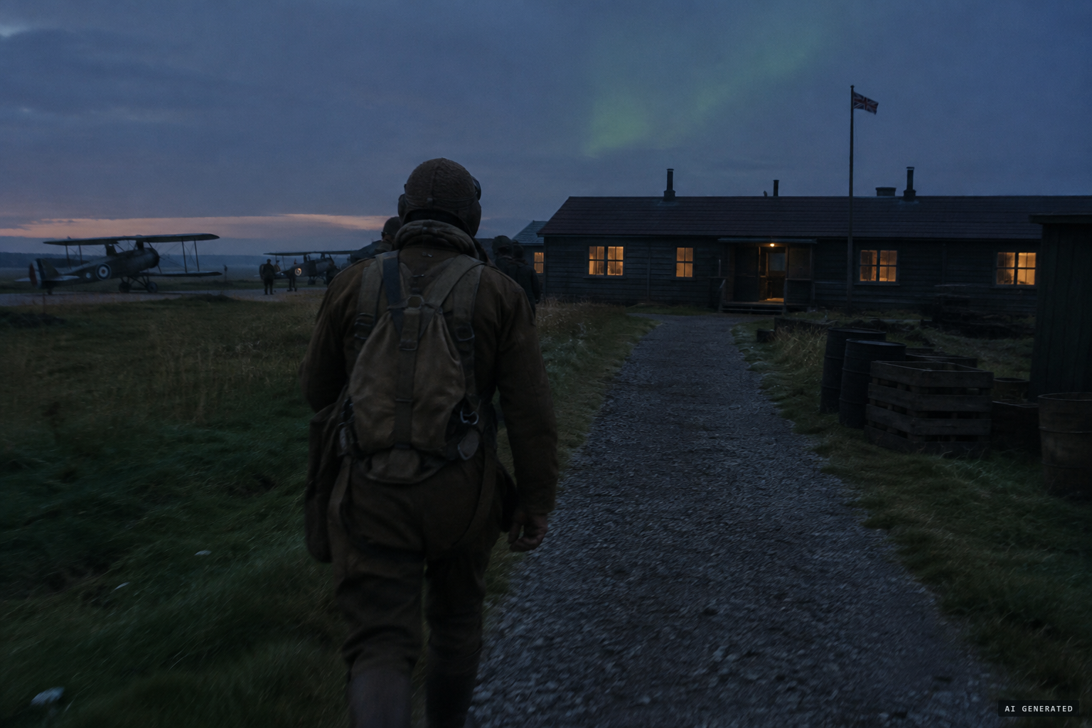 Major Foggin sees a figure in flying kit walking up the path ahead