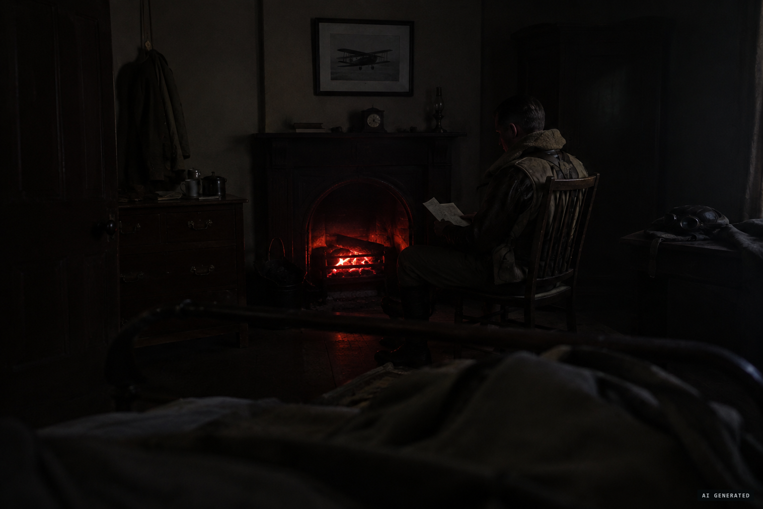 A man in flying kit reading papers before the dying bedroom fire