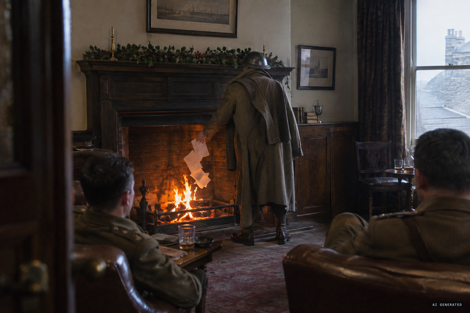 Christmas Eve: the figure throws papers on the fire, then is gone
