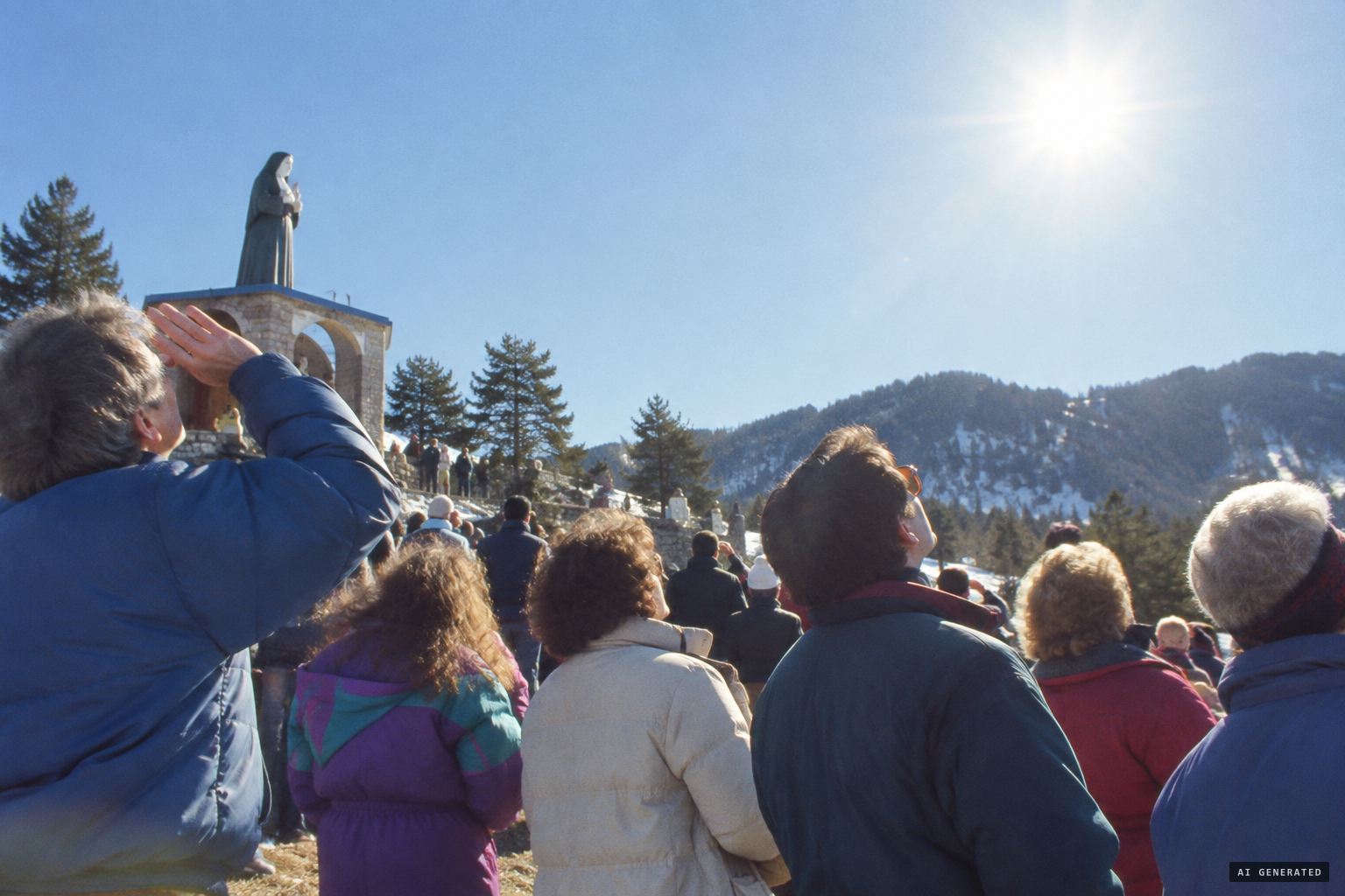 Pilgrims stare into the sun, some believing it is spinning.