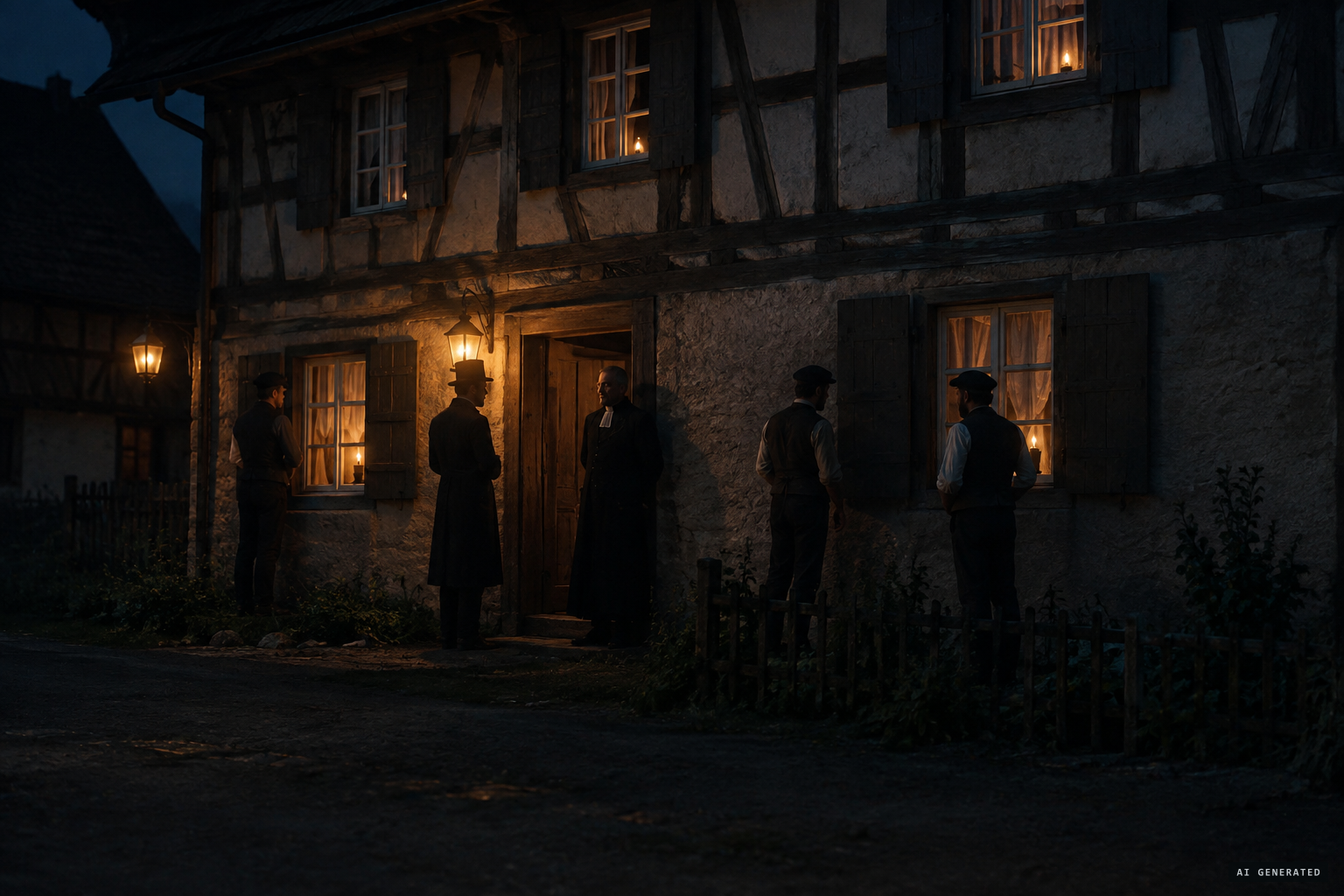 Blumhardt and the village men post themselves in pairs around the house