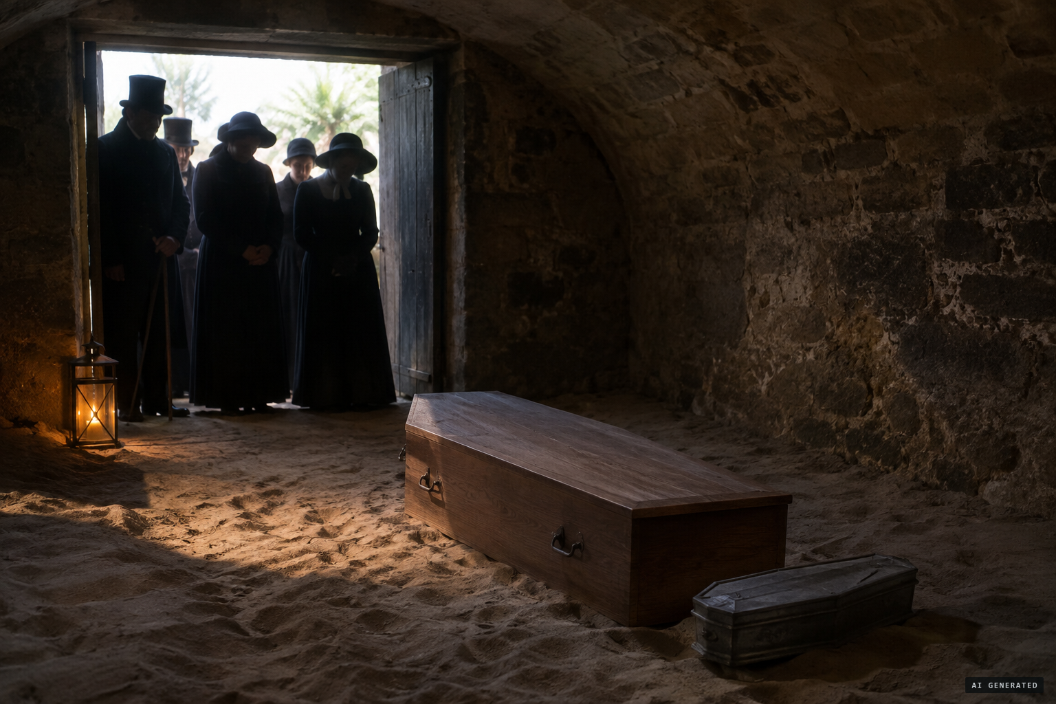 Mrs Goddard's wooden coffin and the infant's lead coffin laid in the vault
