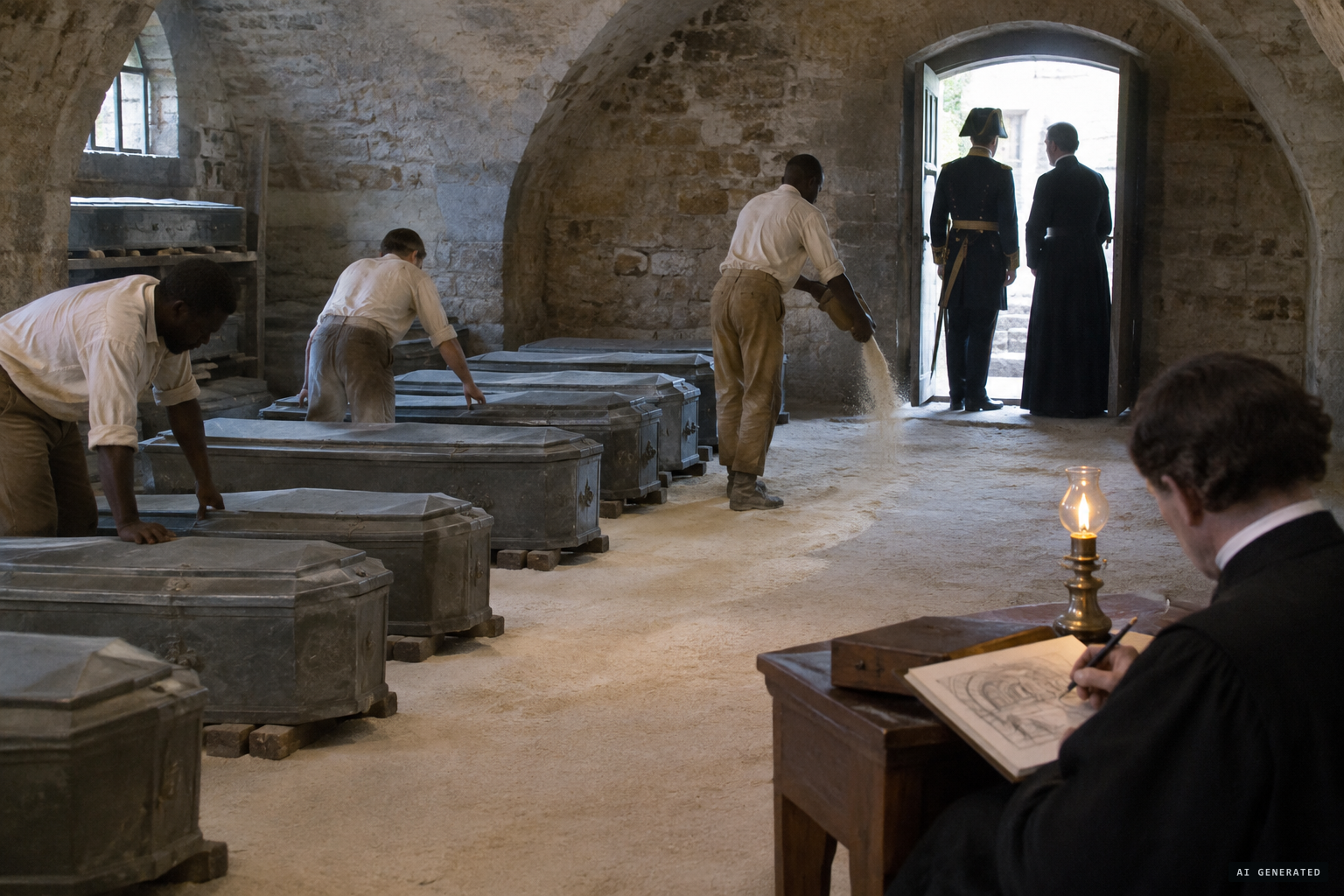 The coffins set in order, sand strewn on the floor, positions sketched by the rector