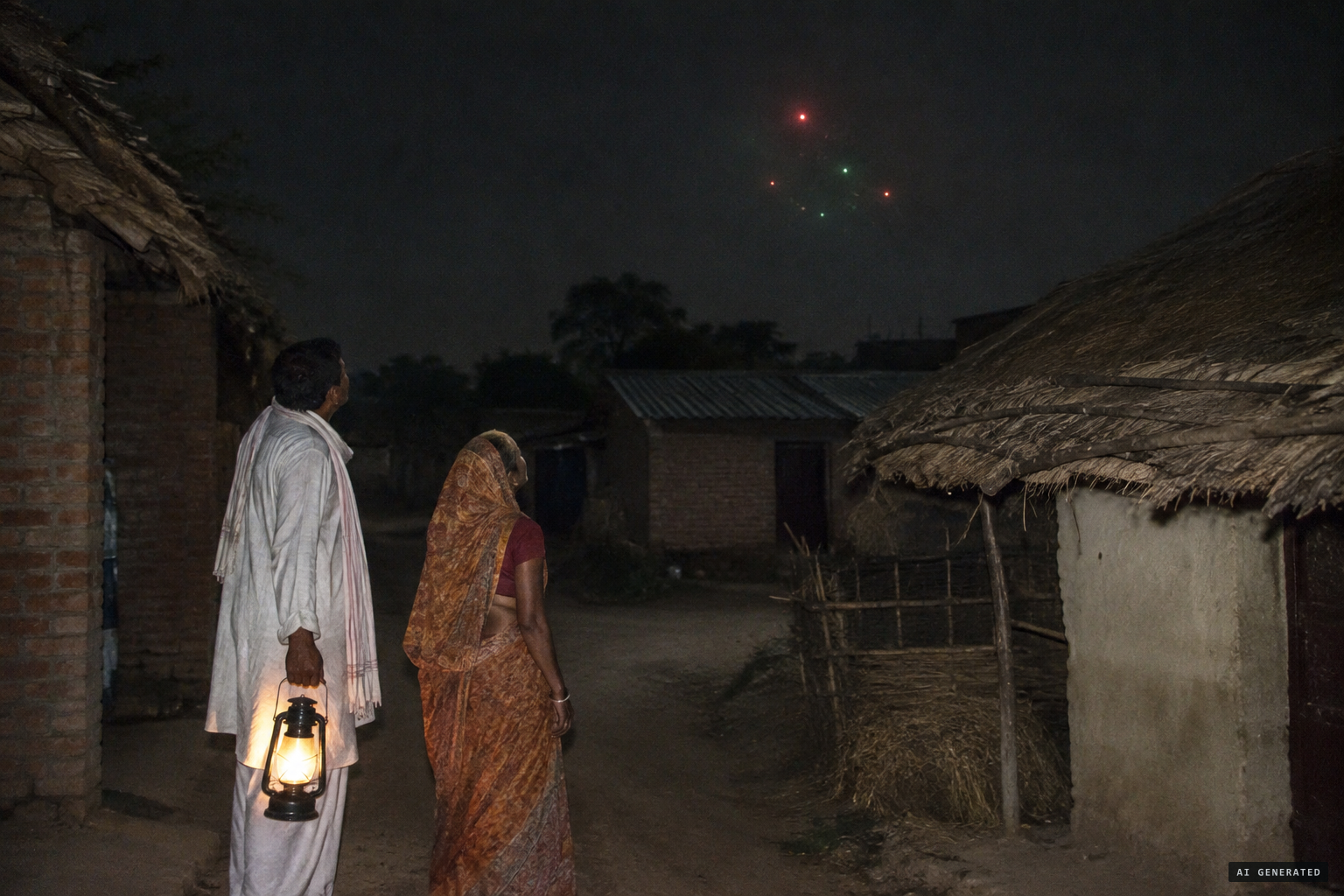 Something with coloured lights comes over a village at night