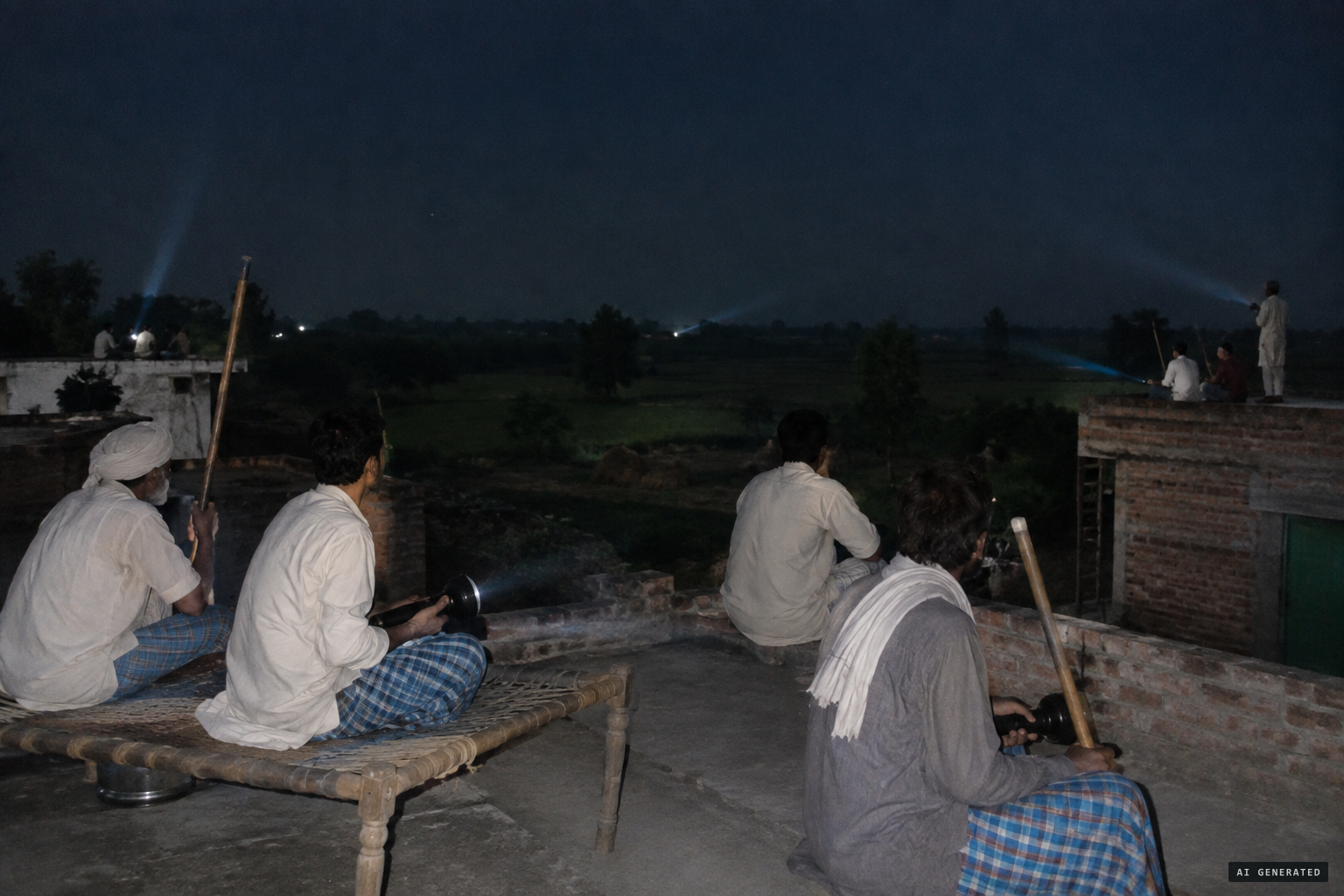 Villagers keep watch through the dark hours
