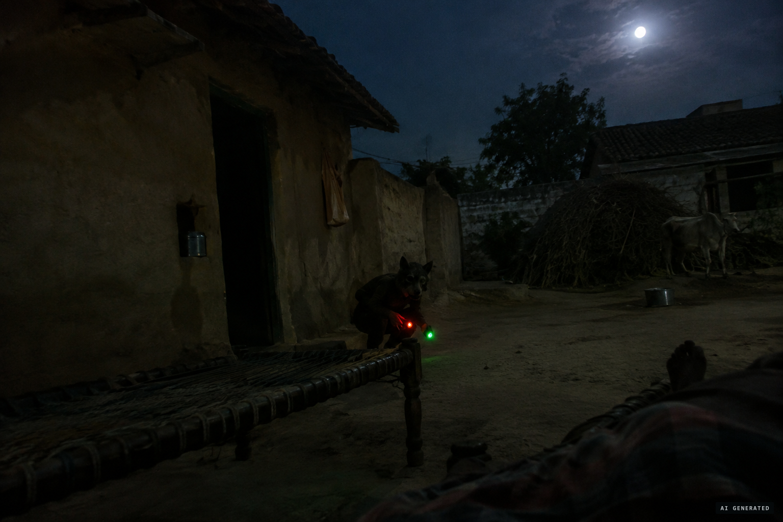 A half-metre figure with a cat's face and red and green lights