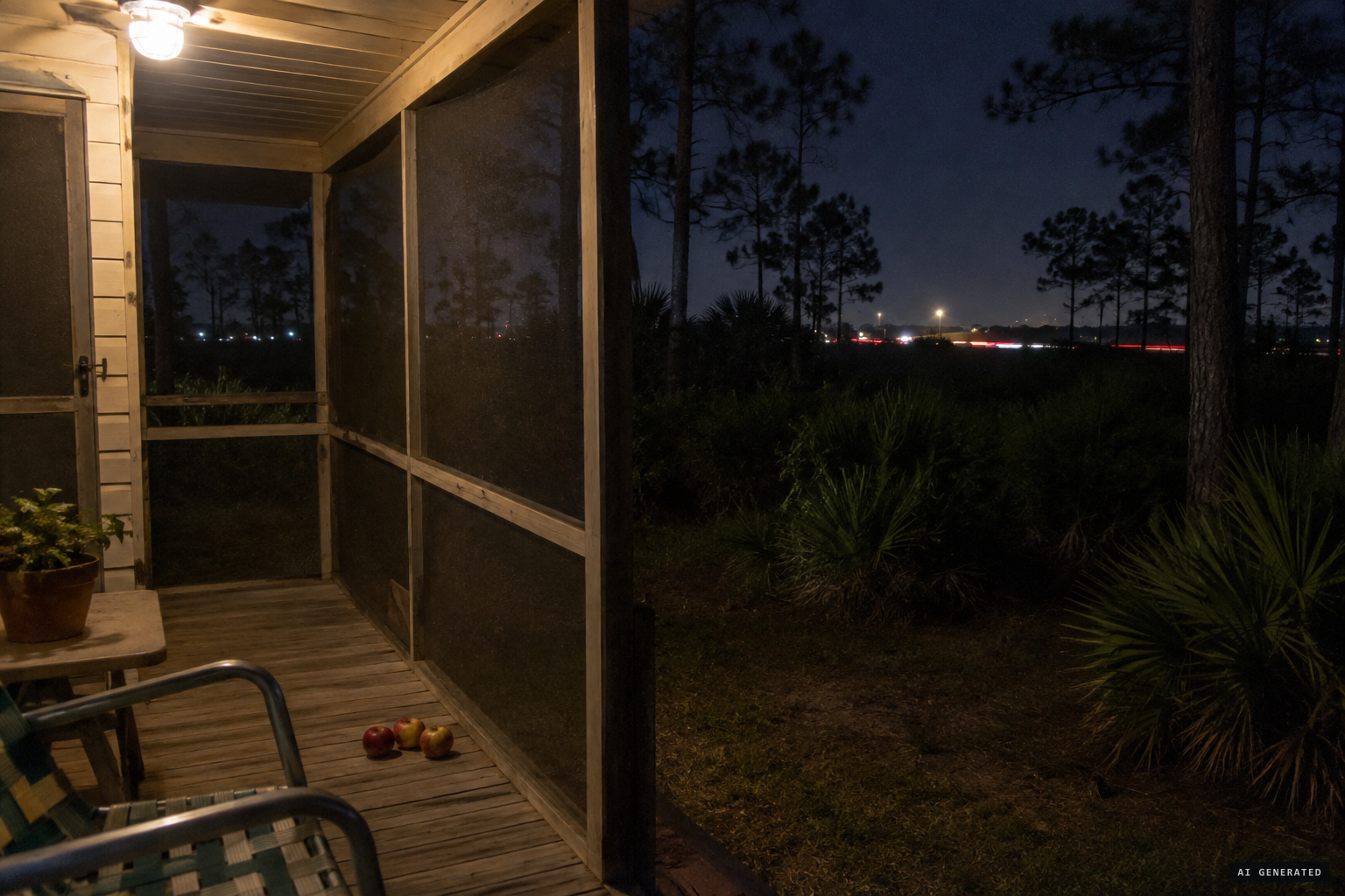 The grandmother's back porch, where something came for her apples night after night
