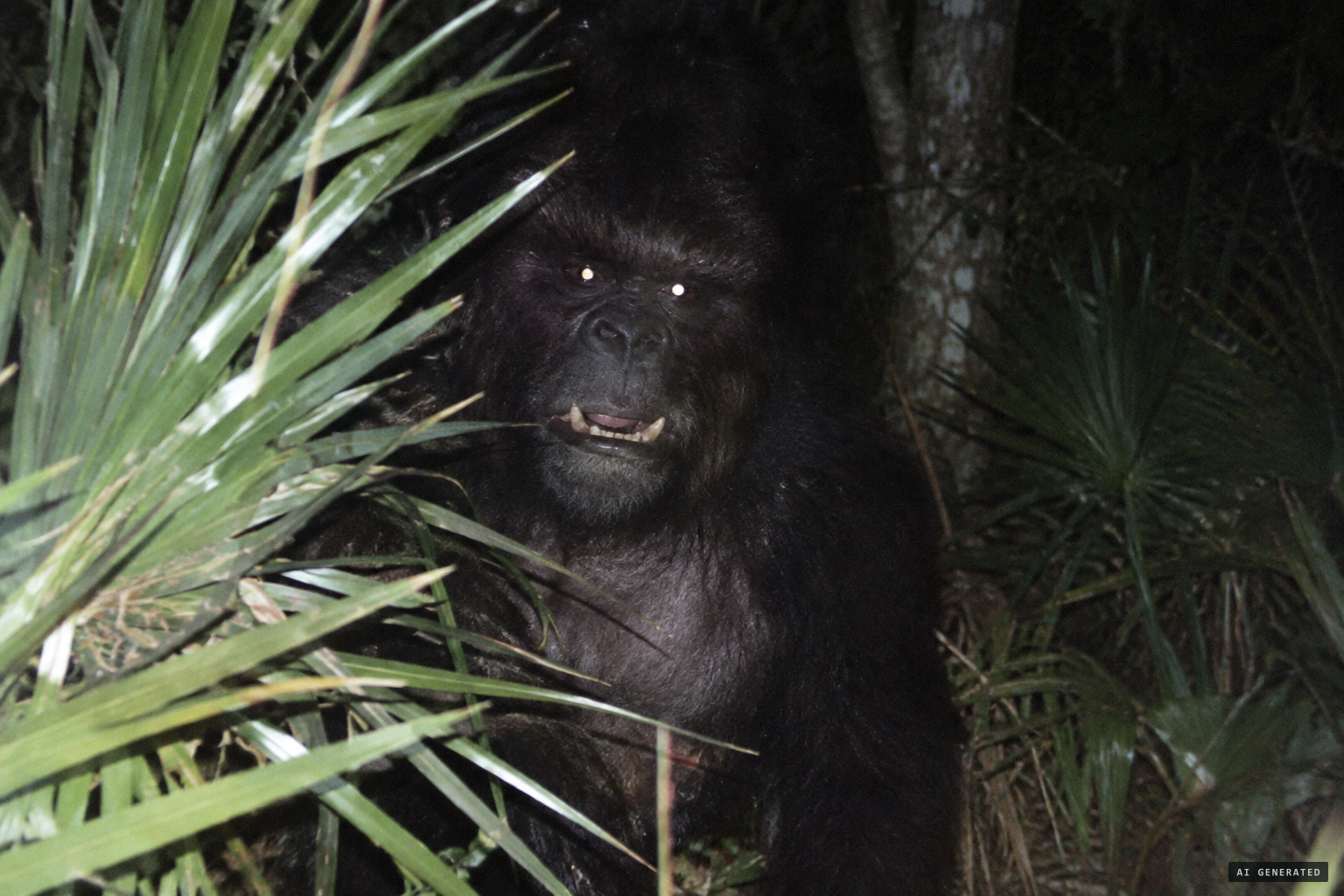 Black fur, grey chin and chest, lower fangs, eyes shining in the flash