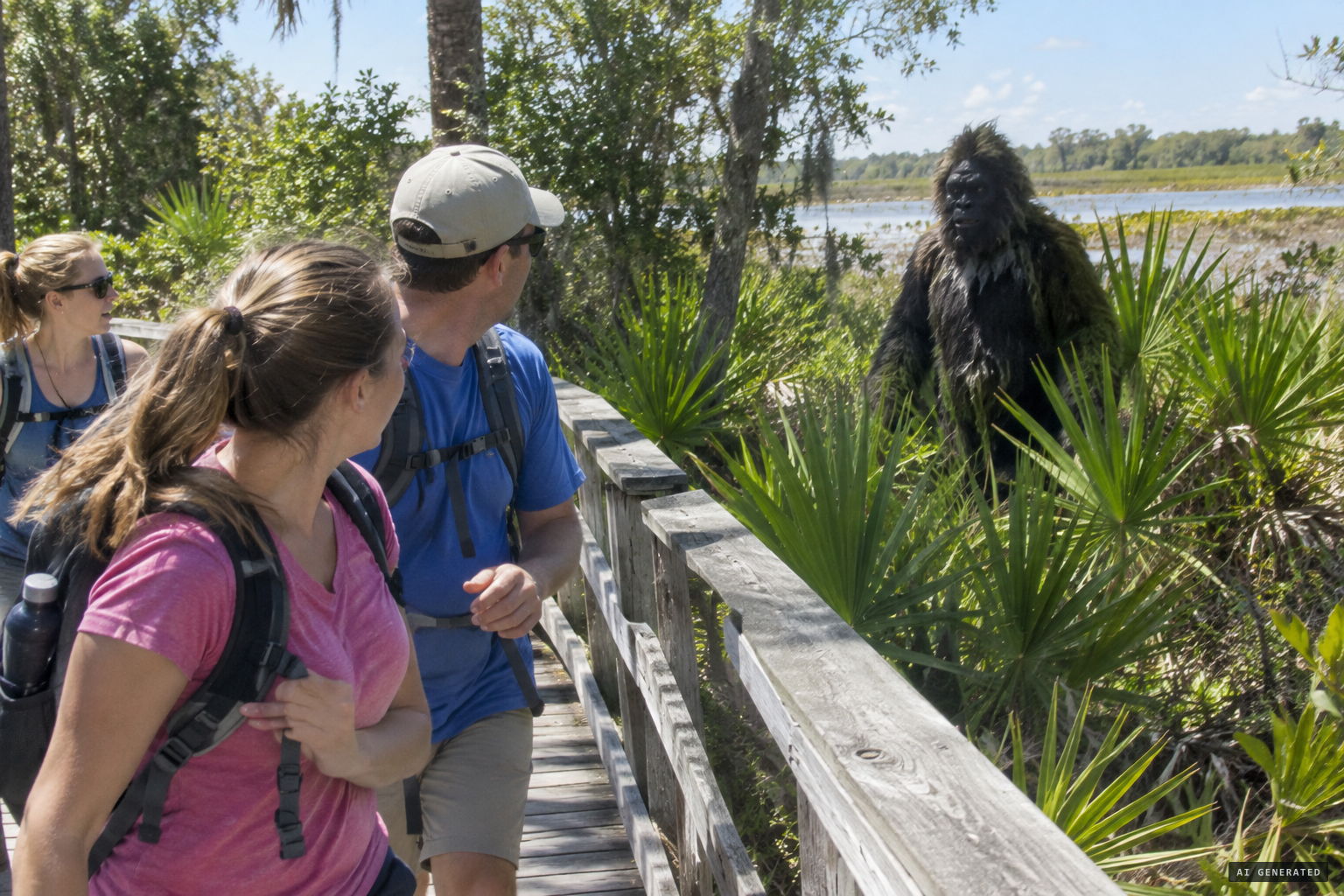 2013: a prankster in a skunk ape costume stops visitors at Myakka River State Park