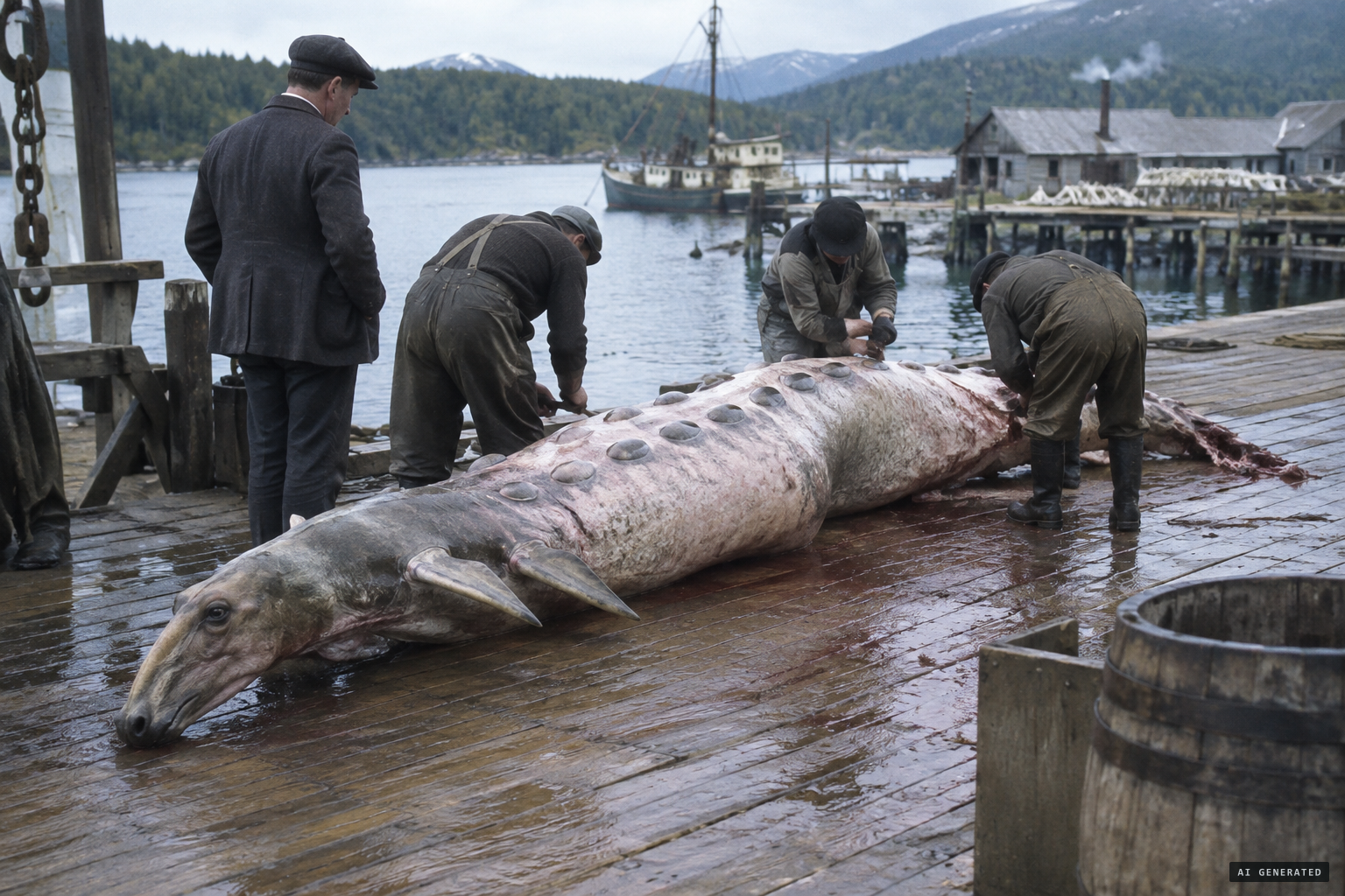 Supervisor Huband and the flensers examine the reptilian-looking body