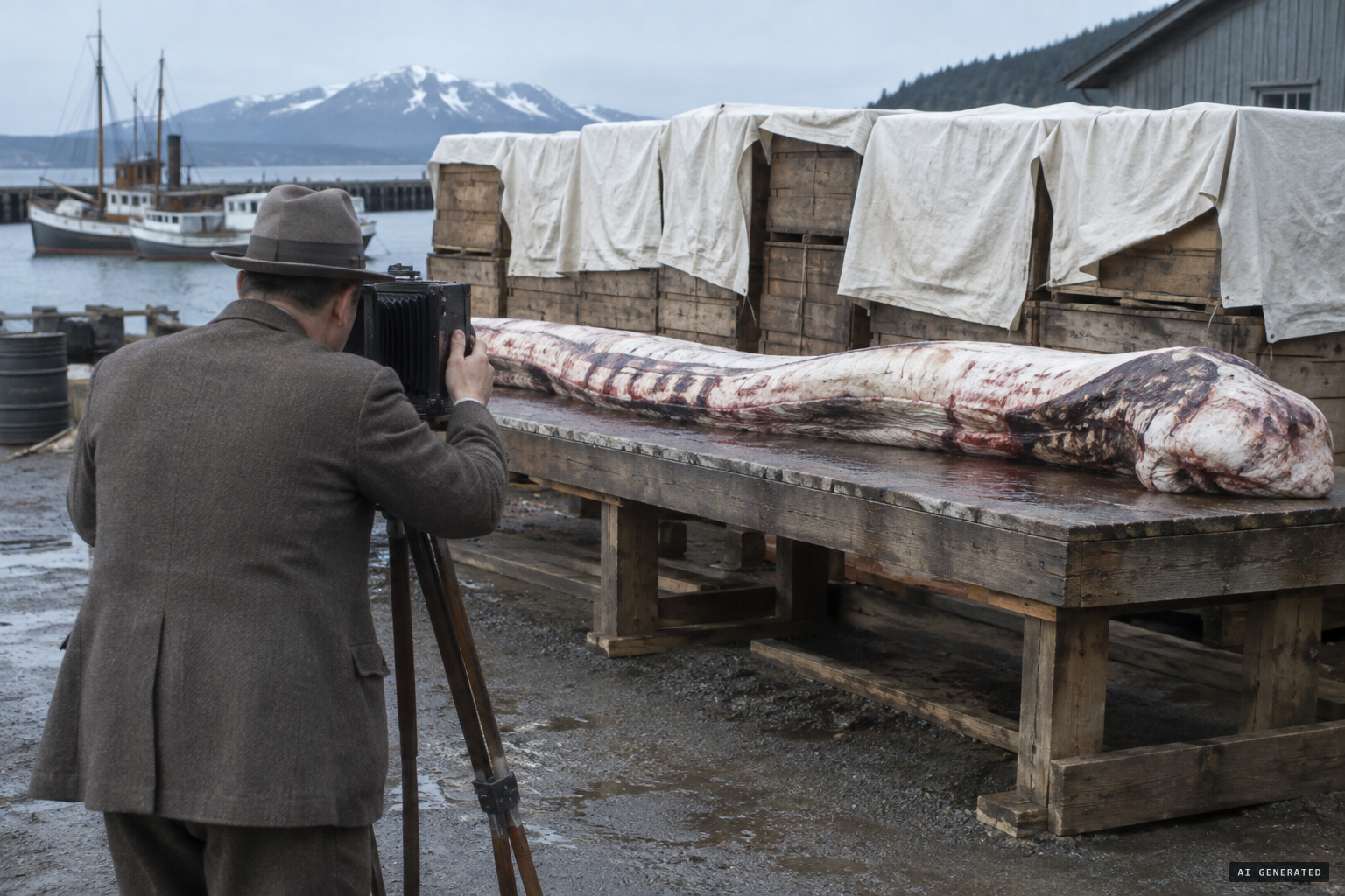 The carcass laid on a worktable and photographed