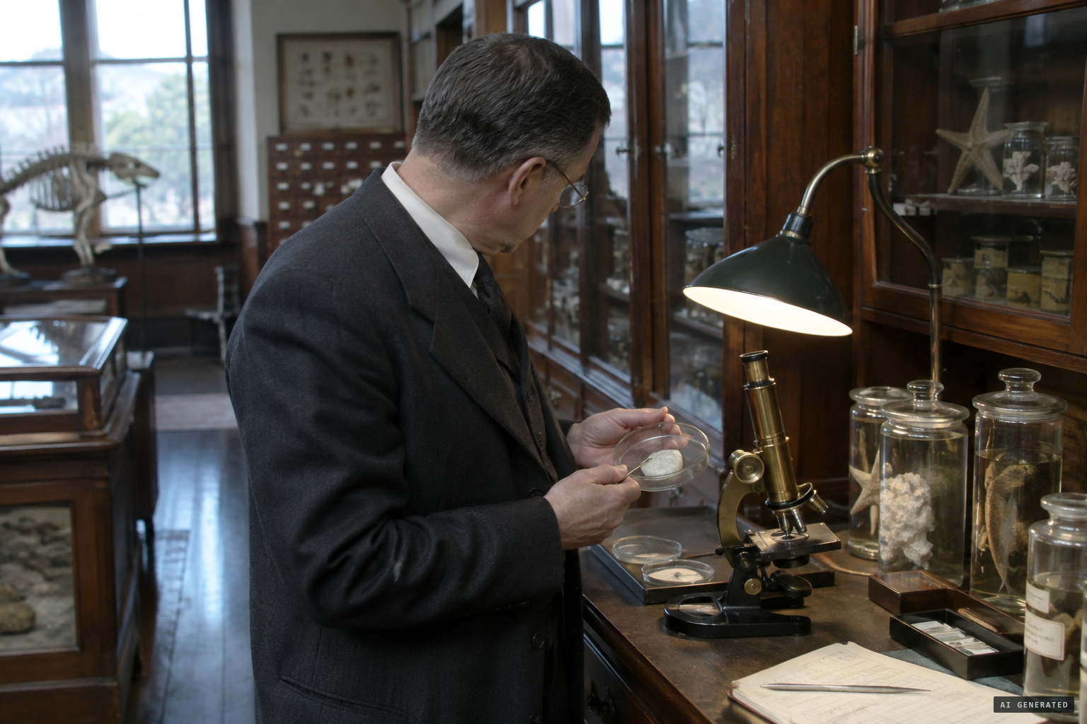 Francis Kermode examines a tissue sample at the Provincial Museum