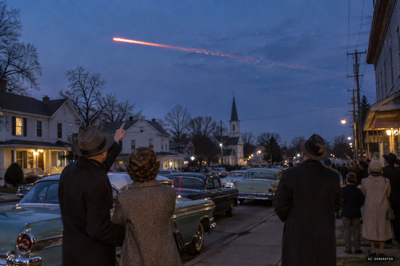 Witnesses in New York watch a red 'flaming sword' streak westward on the evening of April 18, 1962.