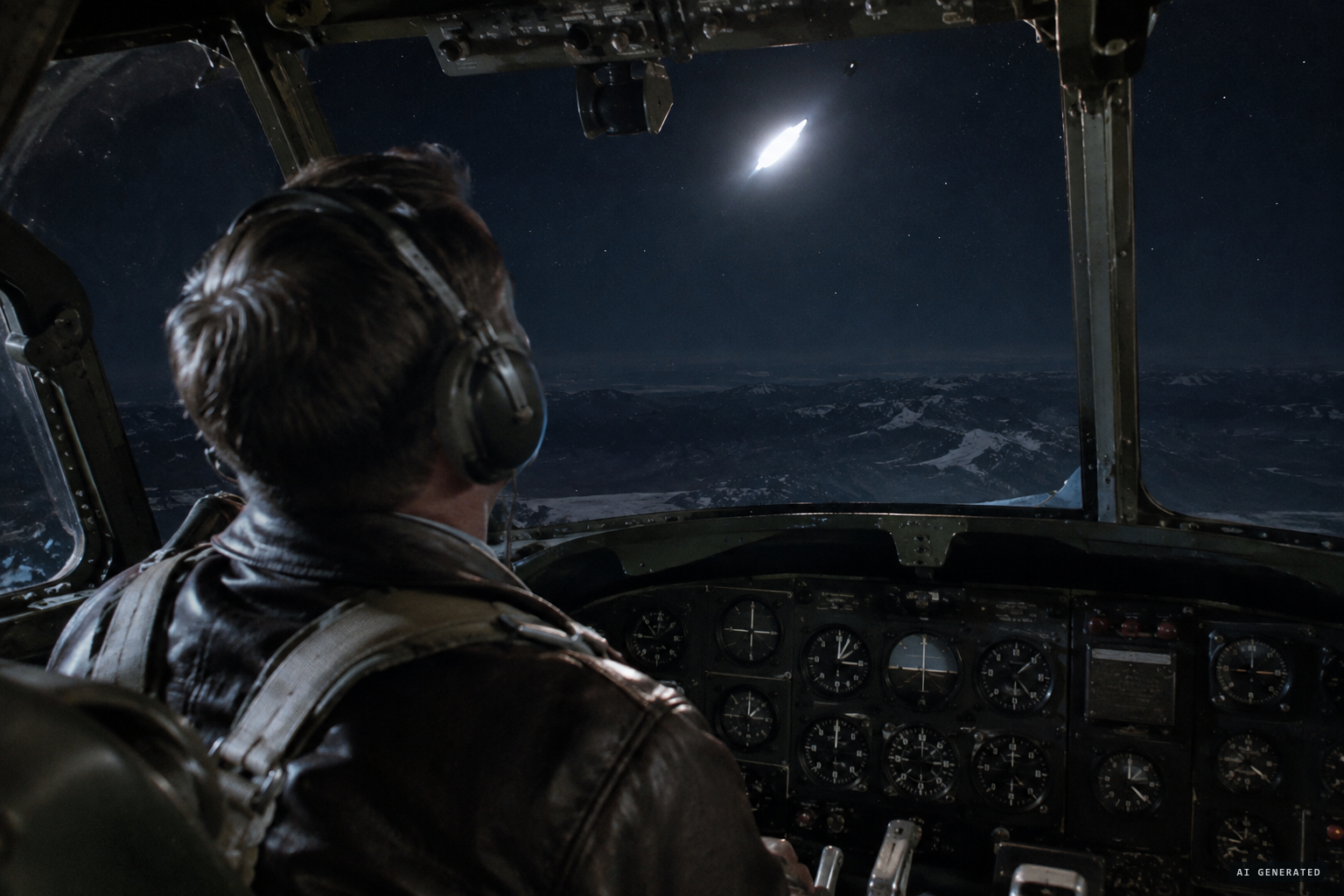 Captain Shields's C-119 cockpit is lit from above by a slender object with no exhaust.