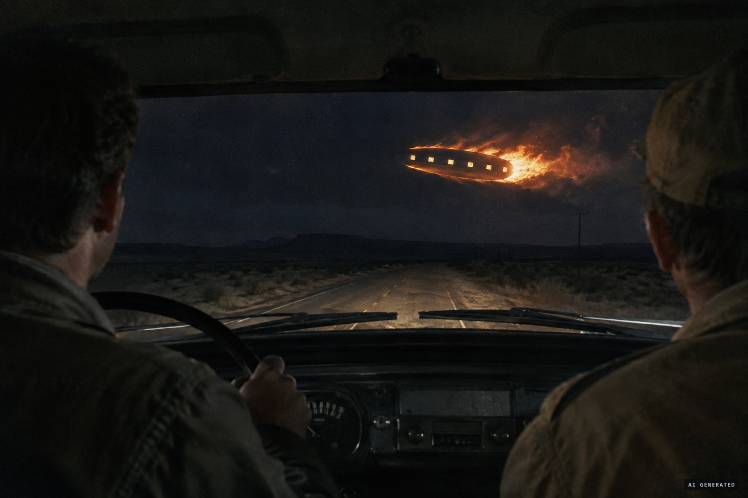 South of Eureka, a low flaming object with square windows passes over the truck as its headlights dim.