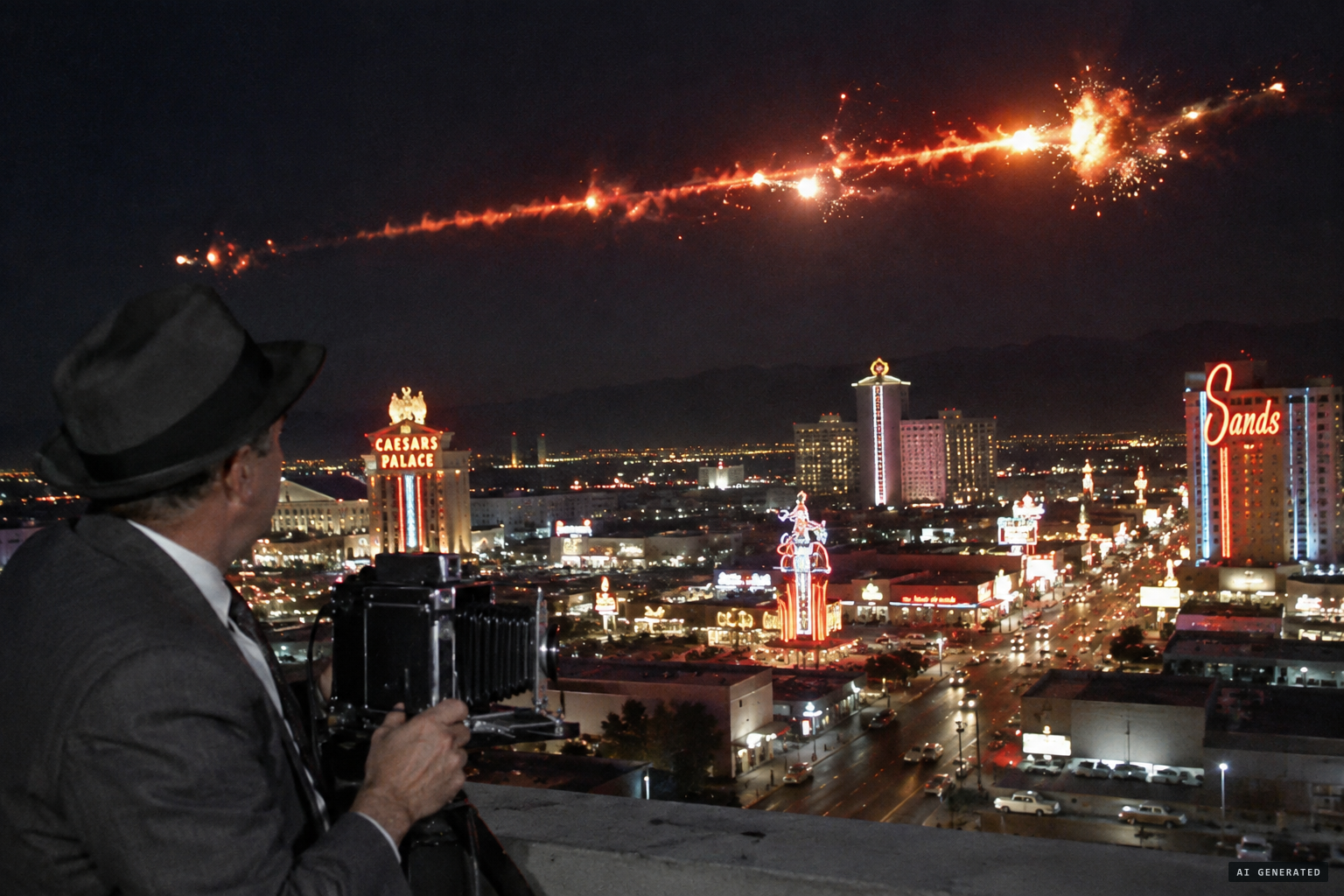 Frank Maggio watches 'a tremendous flaming sword' break up in explosions over Las Vegas.