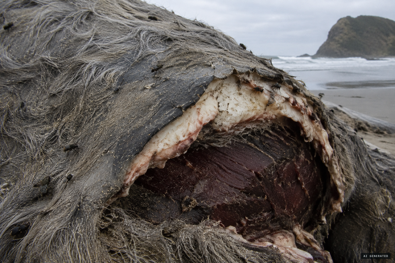 Hide, a thin layer of fat, solid meat, and sand-matted grey hair