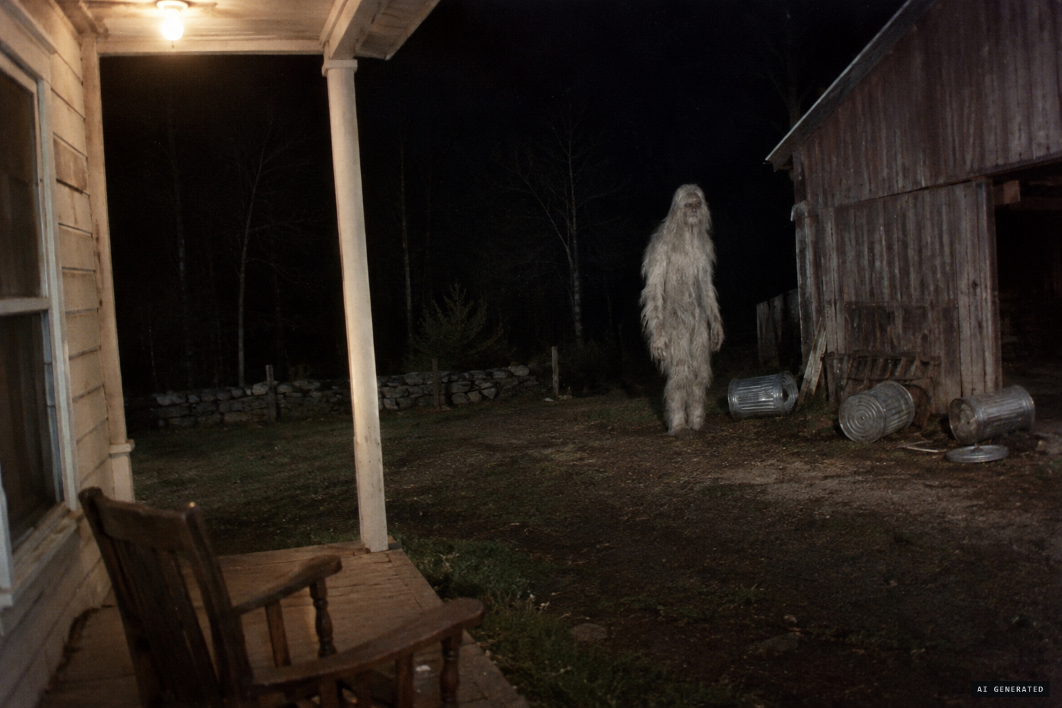 At a Turkey Hill farm, the thing in the trash cans stands up, all white and covered in hair
