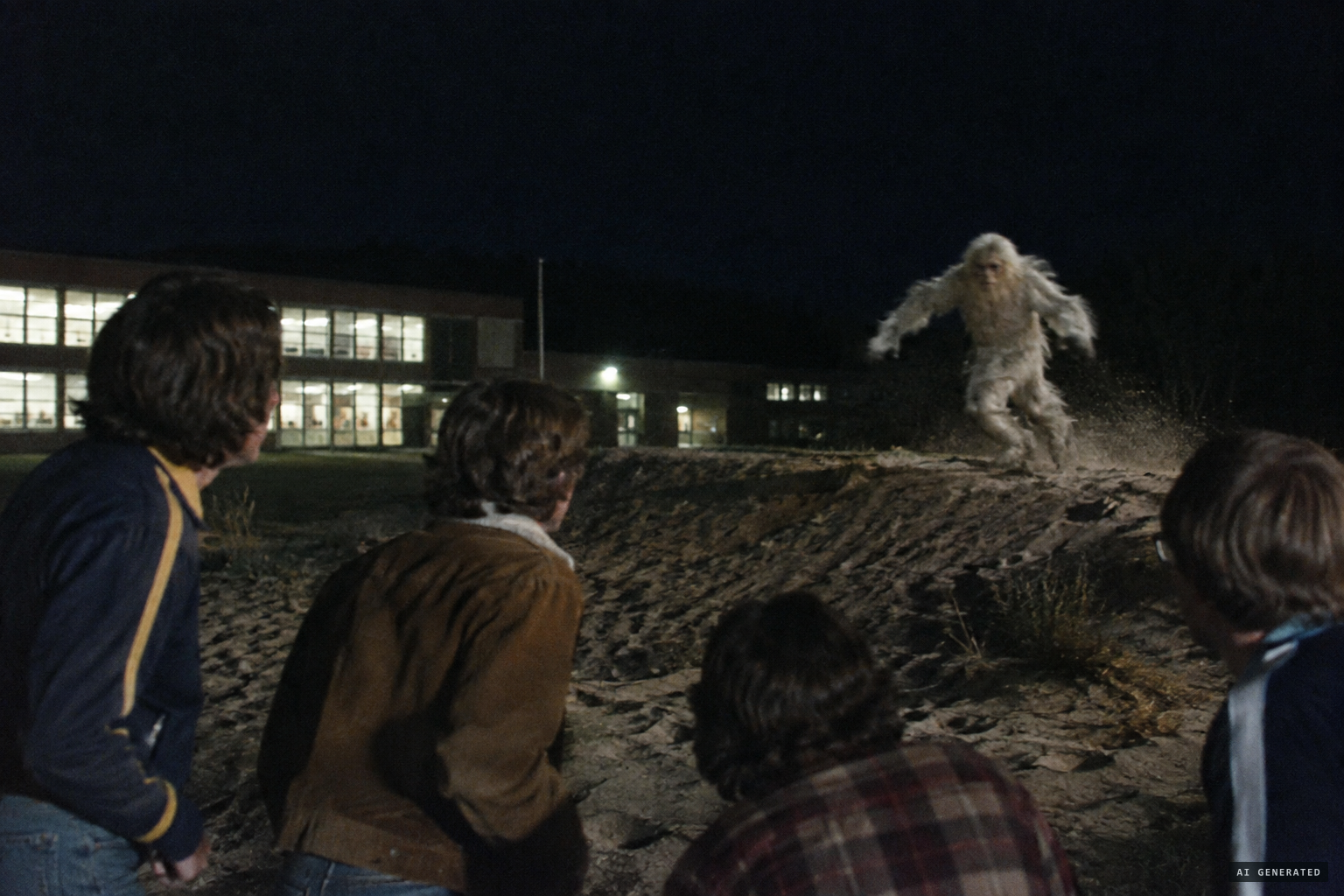 Boys at the sandpit see a white-haired humanlike creature bound over the hill