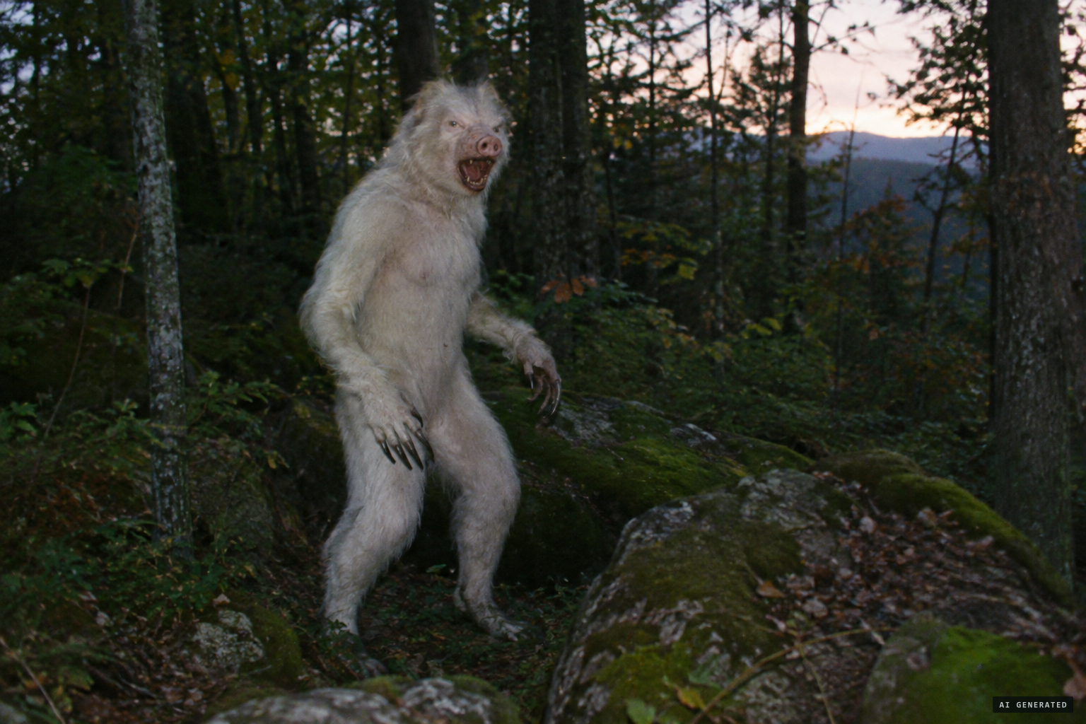 Man-sized, upright, white-haired, clawed, with the hideous face of a pig