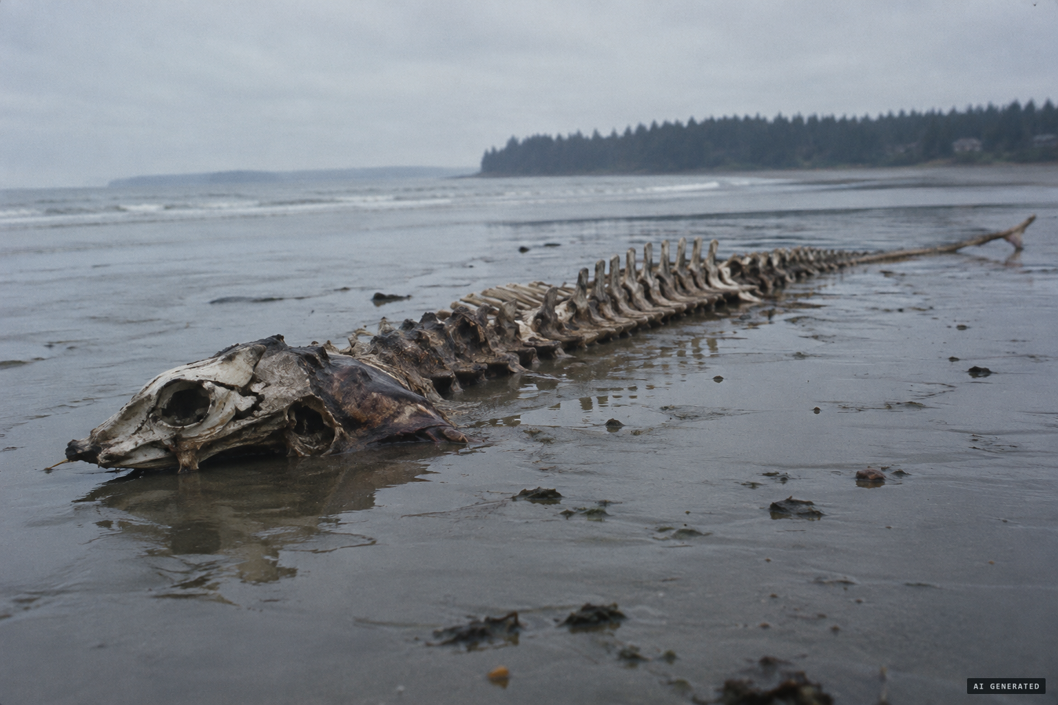 A rotting basking shark: small head, long neck