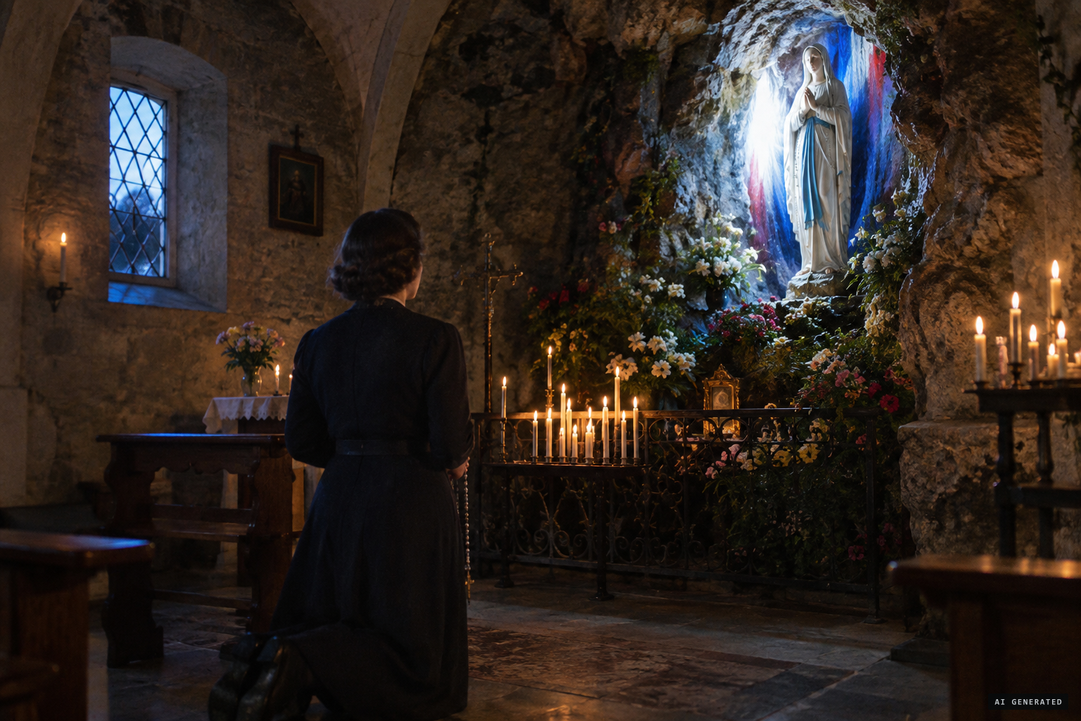 A radiant blue, red and silver light appears beside the Lourdes statue