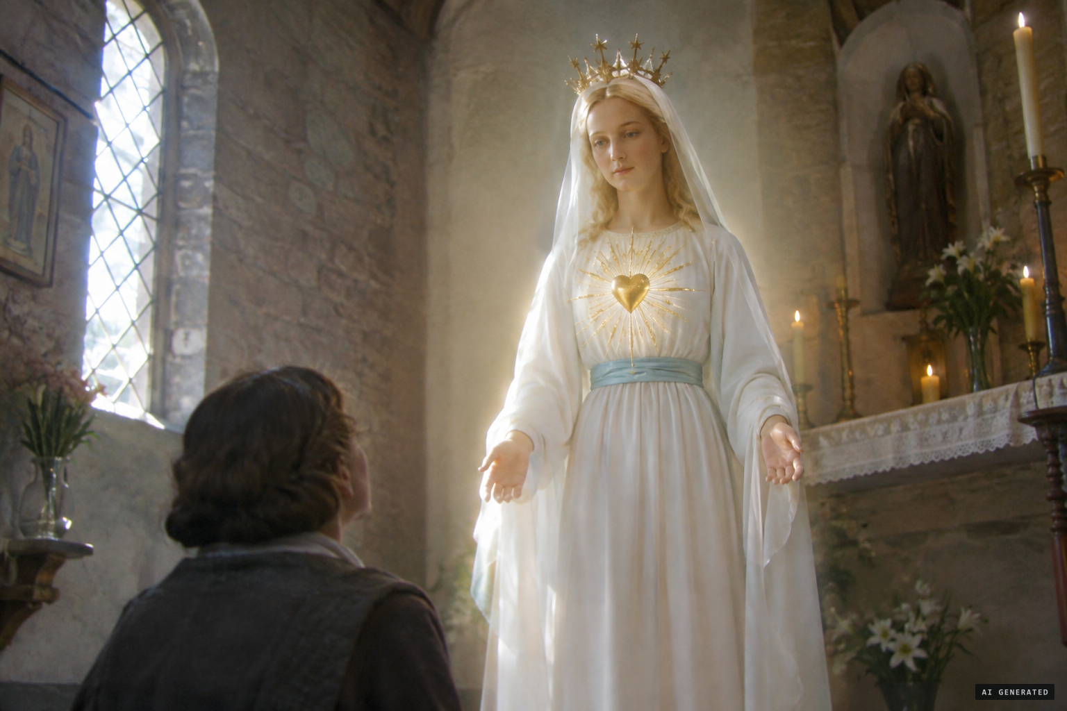 The lady in white with a spiked crown, blue belt and golden heart ringed with rays