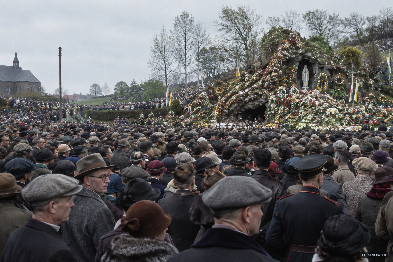 Up to 15,000 people come, and the grotto becomes a mountain of flower wreaths