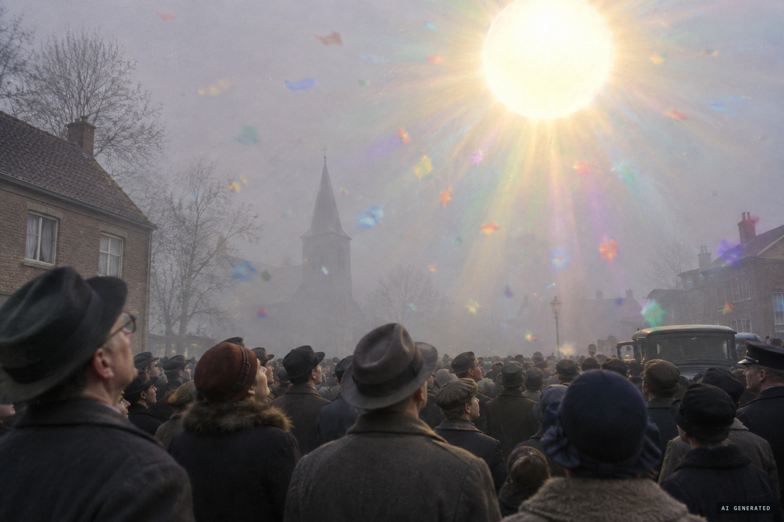 The sun miracle: a huge rotating sun and coloured patches drifting through the fog
