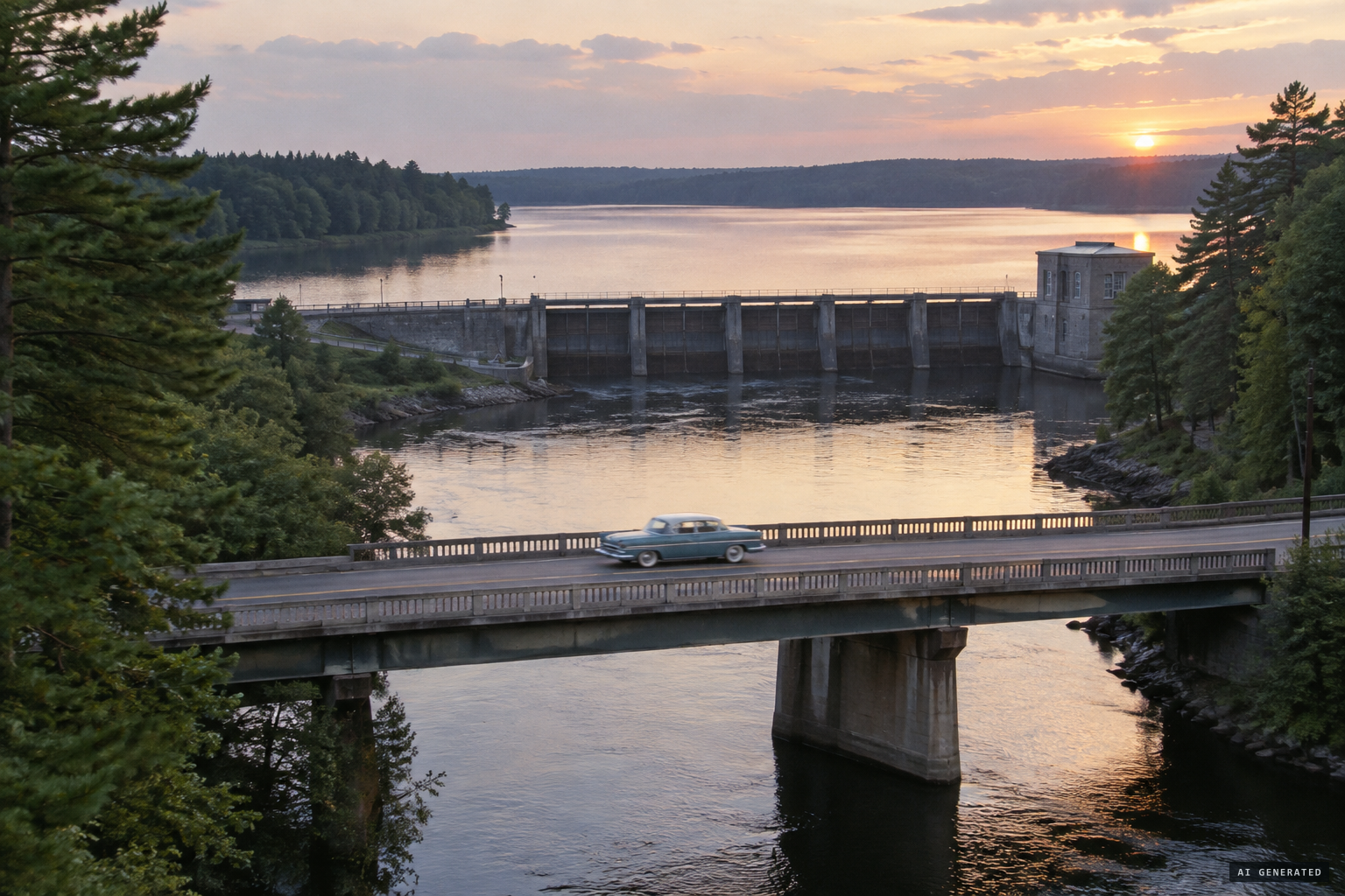The Oradell Reservoir dam and the Oradell Avenue bridge over the Hackensack River