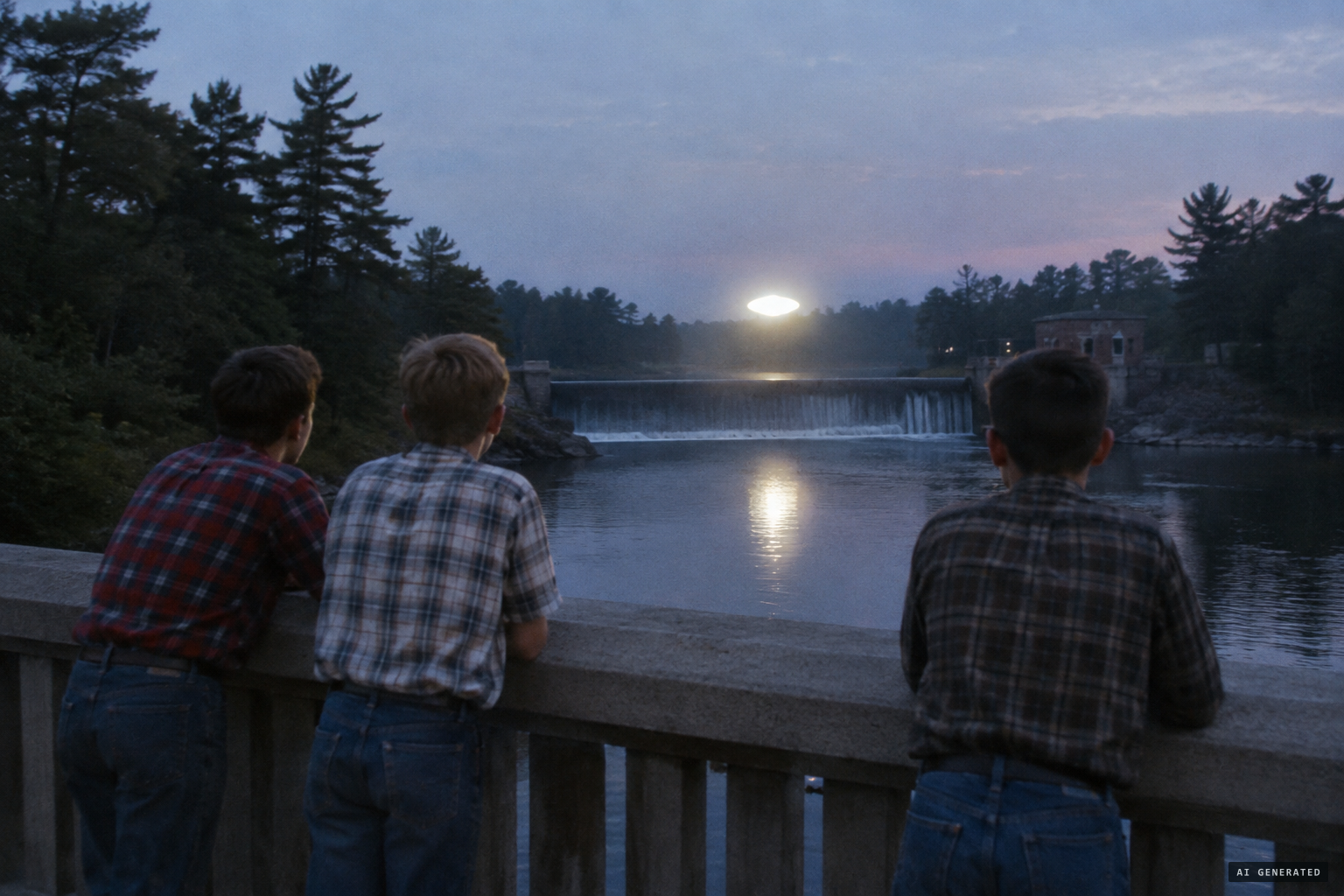 Three boys on the bridge watch a bright object hover close to the dam