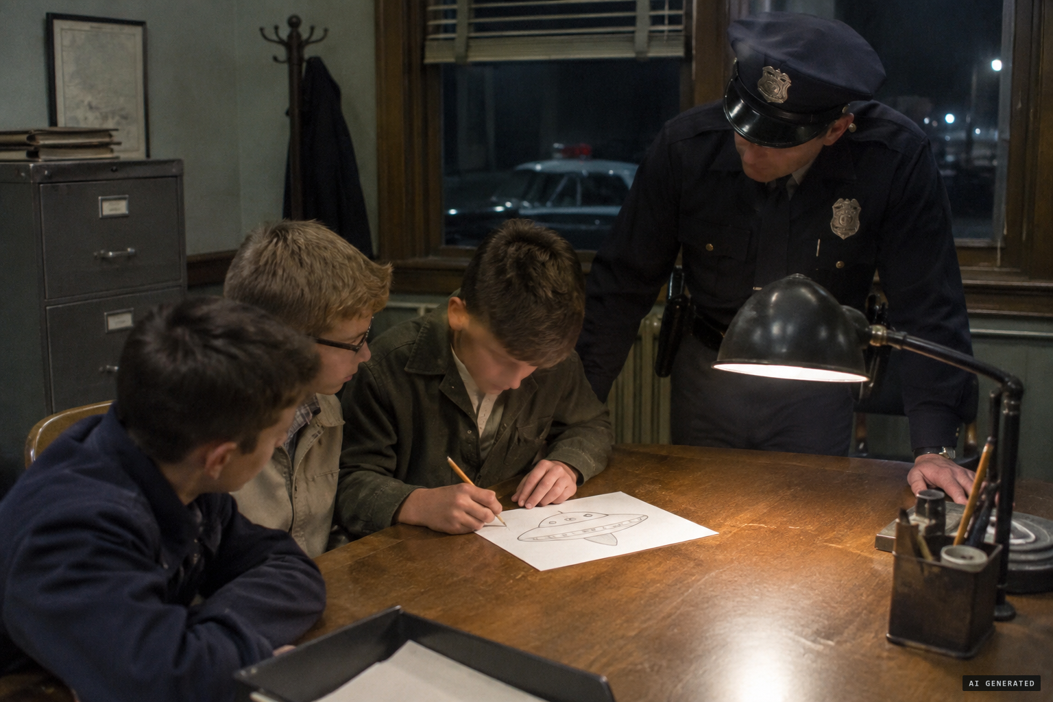 At the Oradell police station the boys sketch what they saw