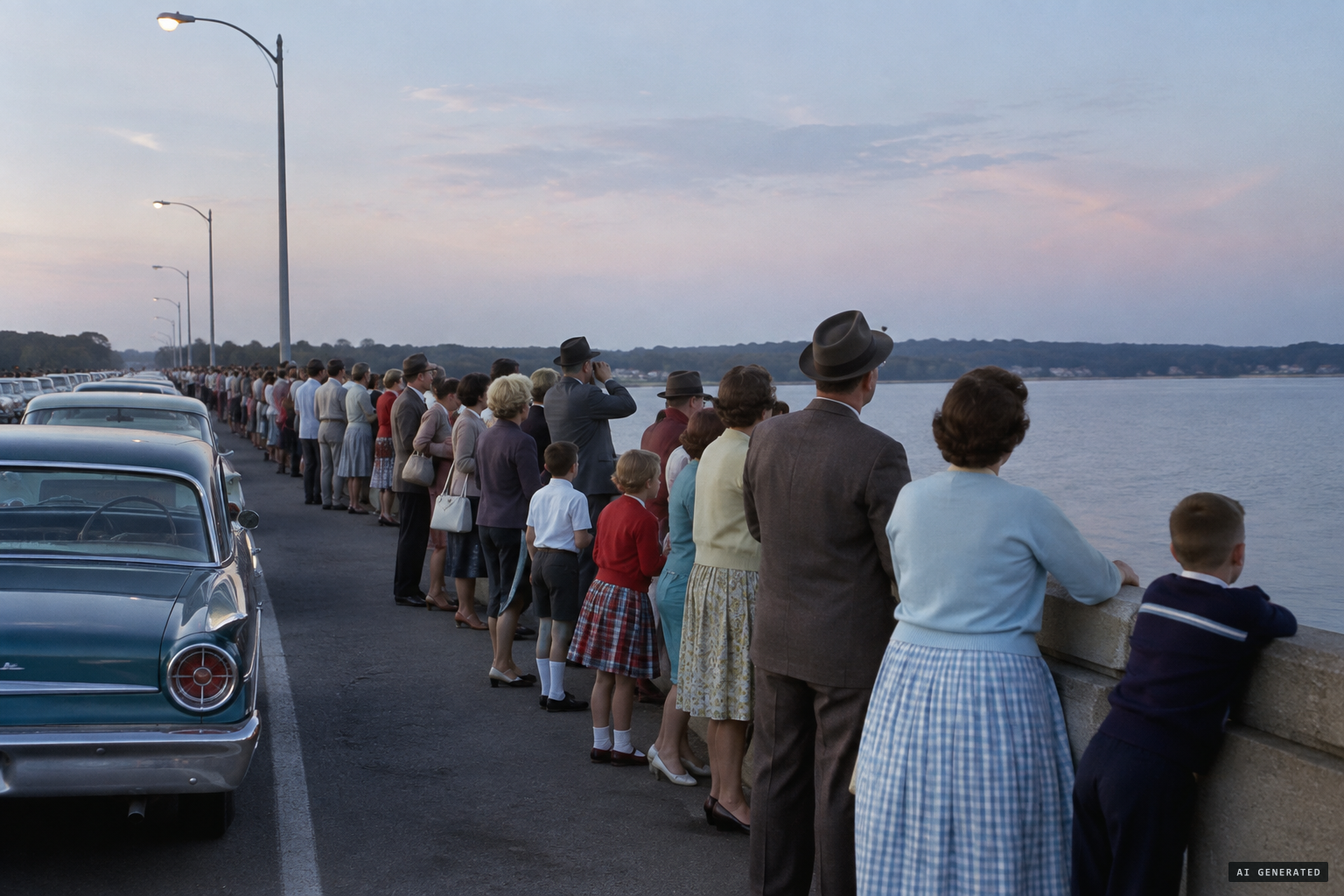About 100 people crowd the bridge and see nothing
