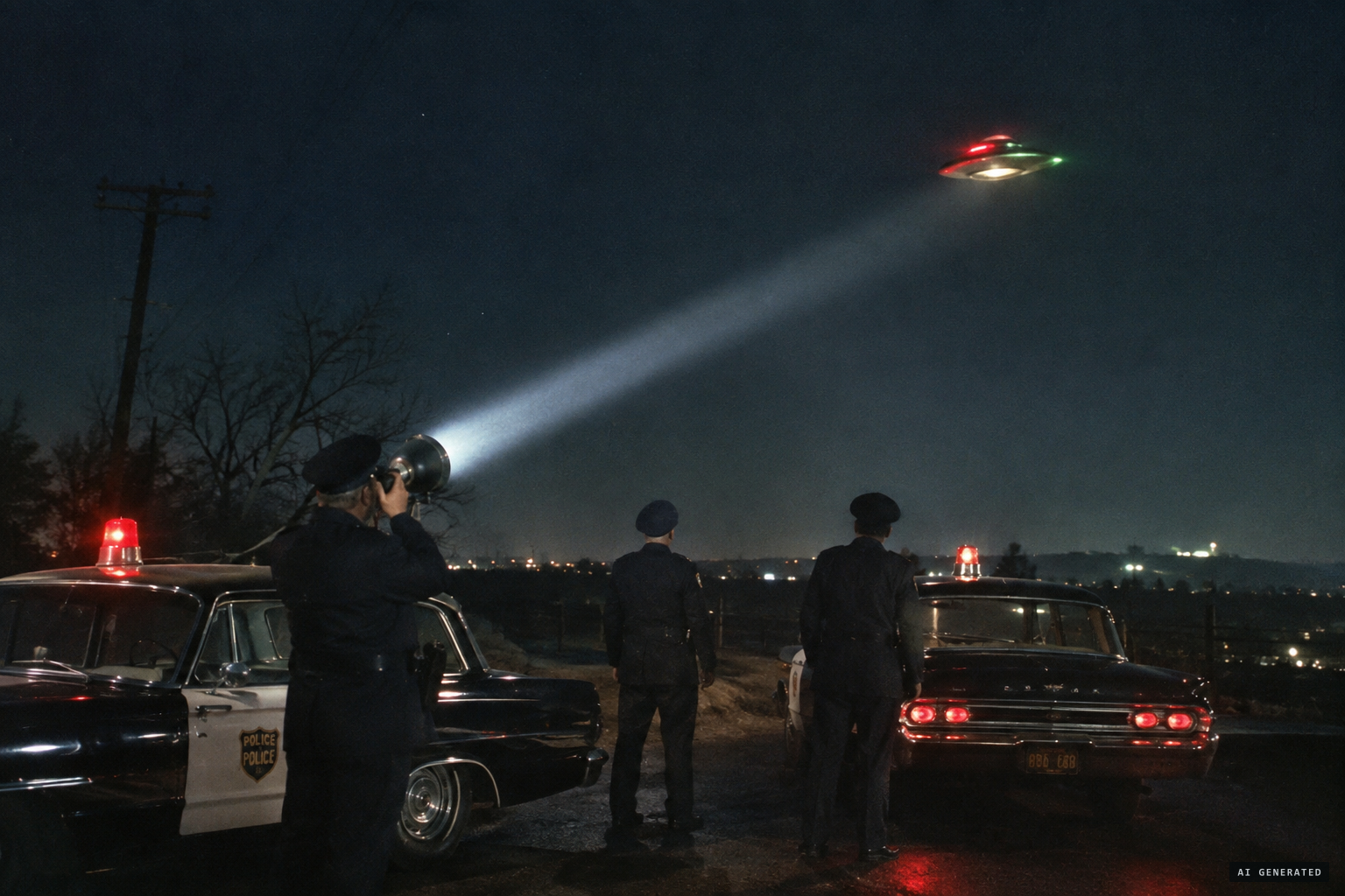 Policemen turn a spotlight on the color-changing object and it begins to move
