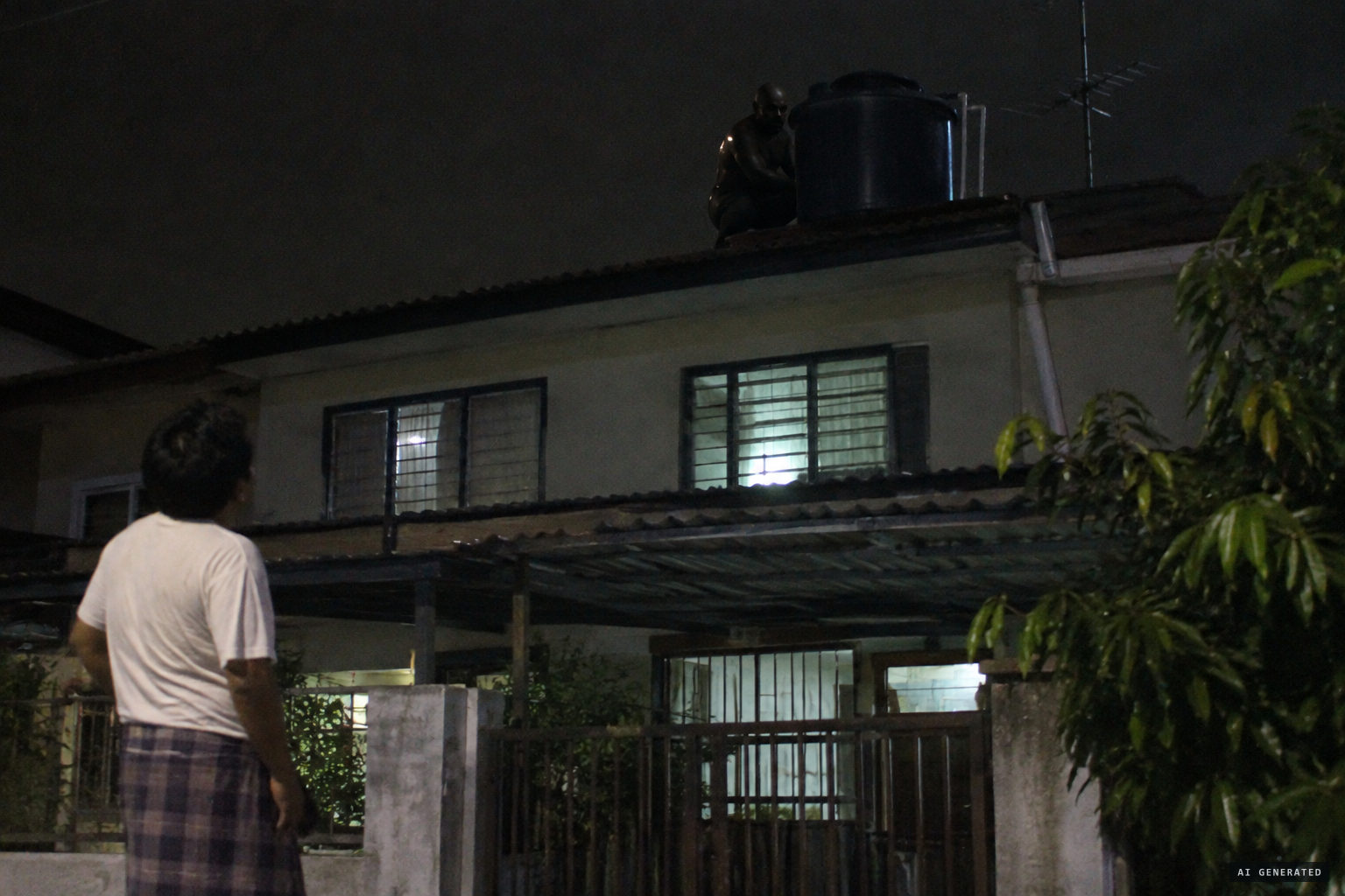 Aslam Khan sees the bald one hiding behind a water tank