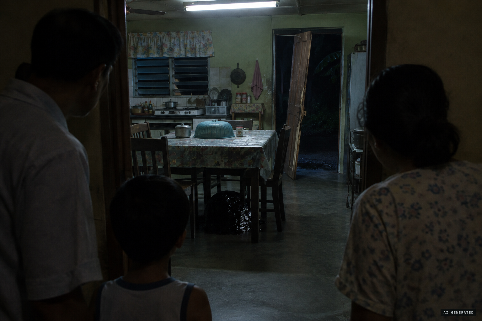 A black heap under the kitchen table after the door is broken down