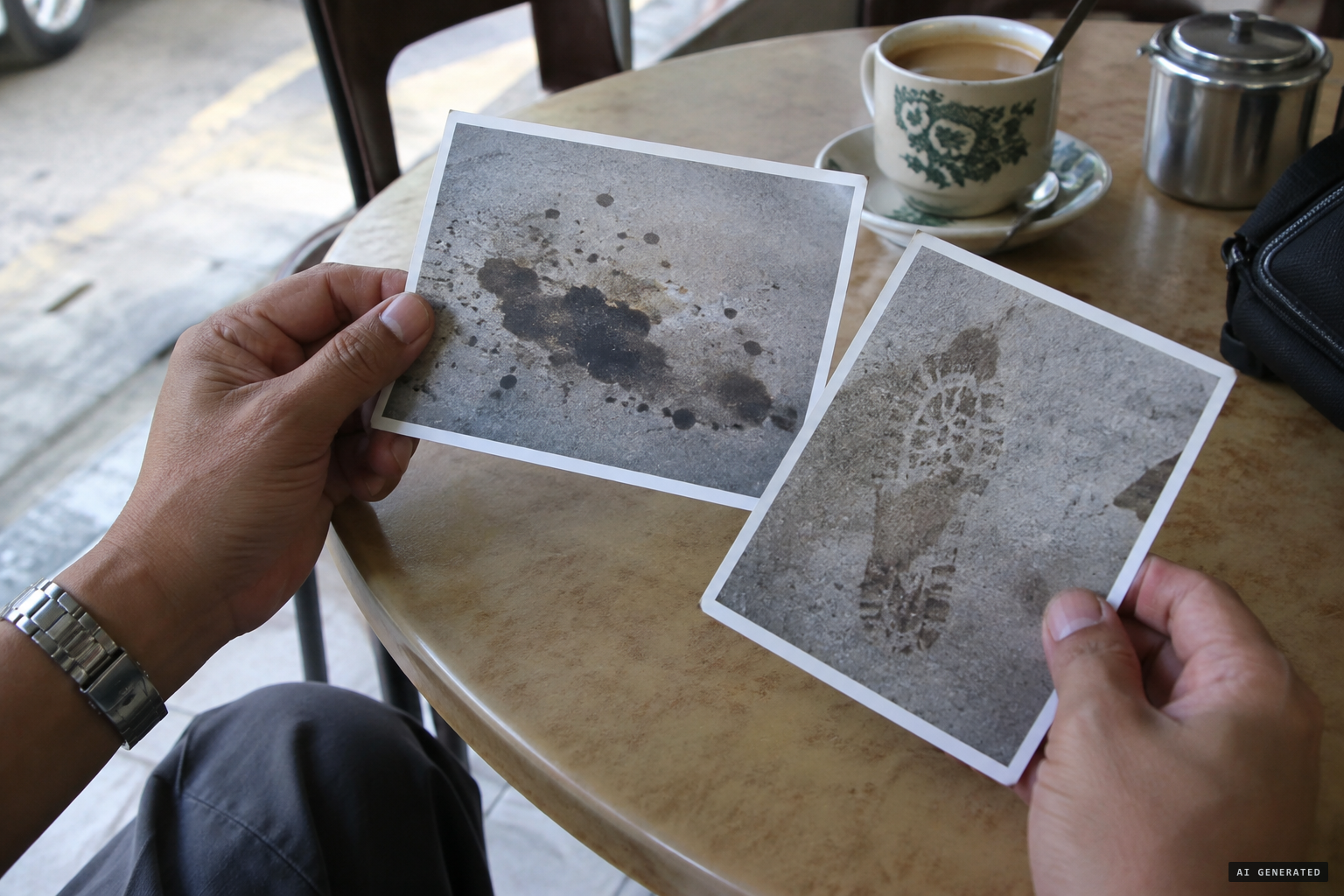 Zaki Zainudin's photographs of oil stains and a footprint