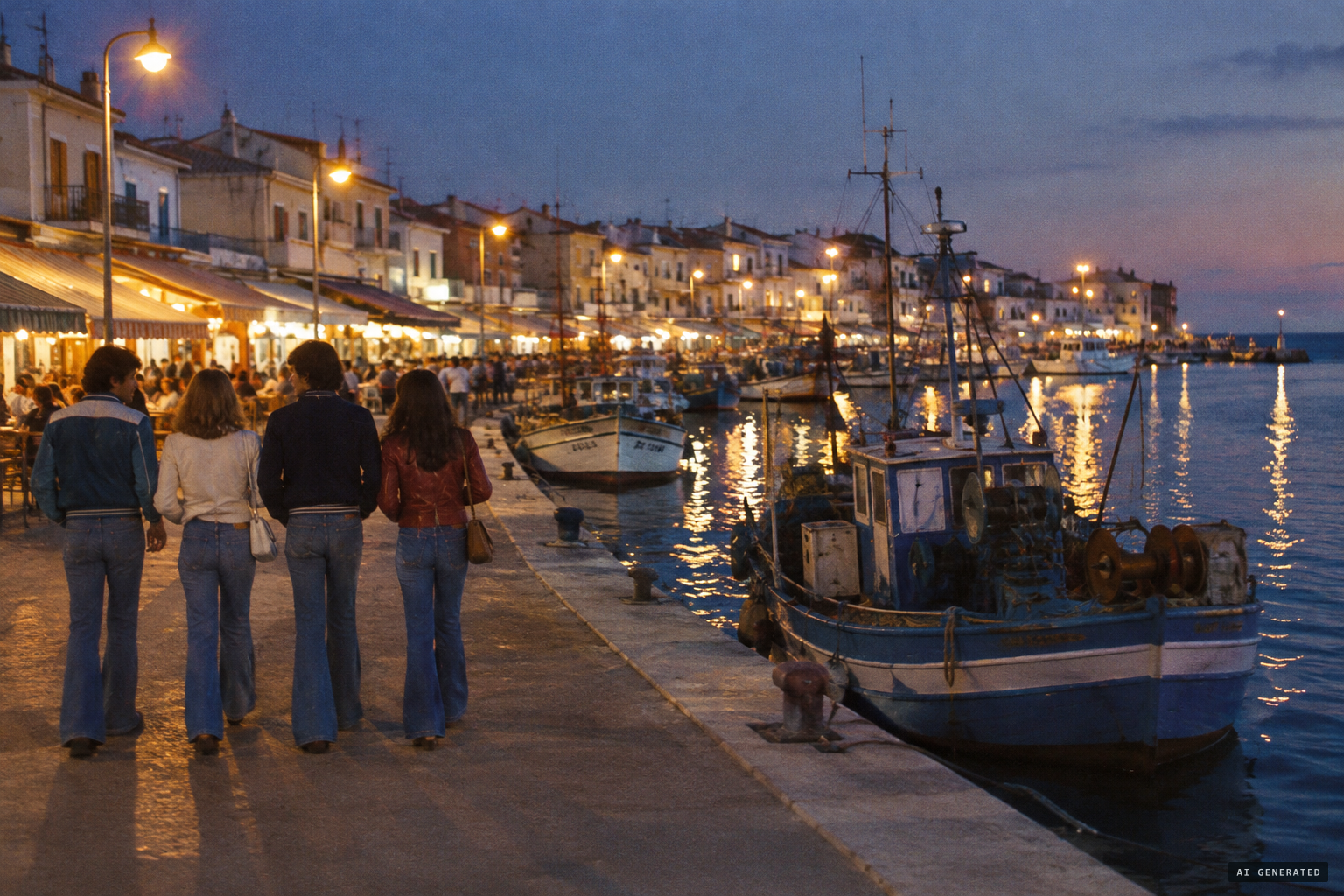 Four young people from Montpellier spend a May evening on the quays of Palavas