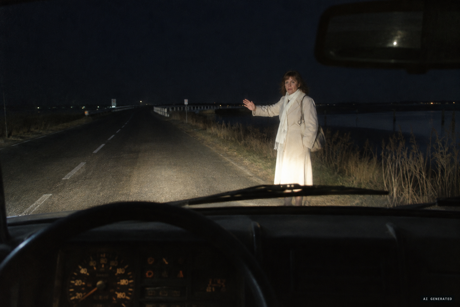A woman in a white gabardine and white scarf stands at the roadside before the Pont des Quatre-Canaux