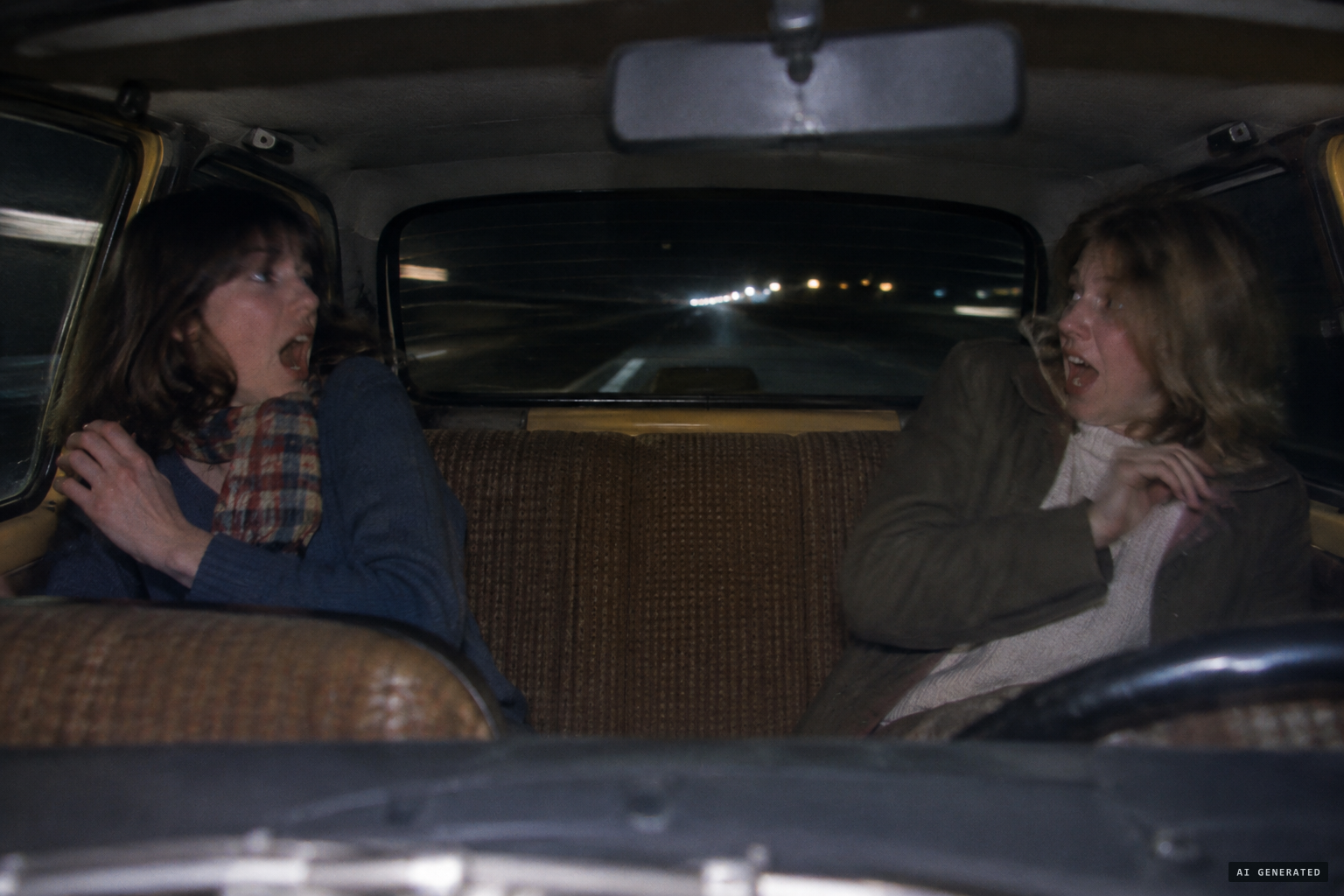 The seat between the two girls is empty, the doors still closed, the car still doing 90 km/h