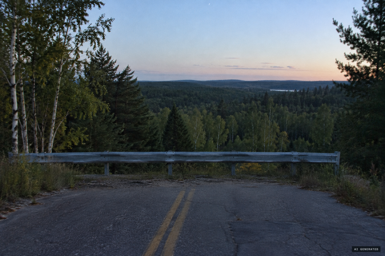 Robbins Pond Road ends at a guardrail above a tree-filled valley.