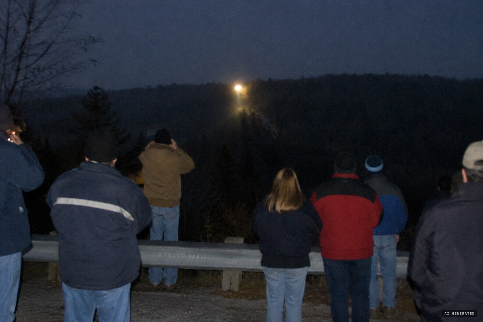 The light seems to bounce and come down the hill toward the watchers.